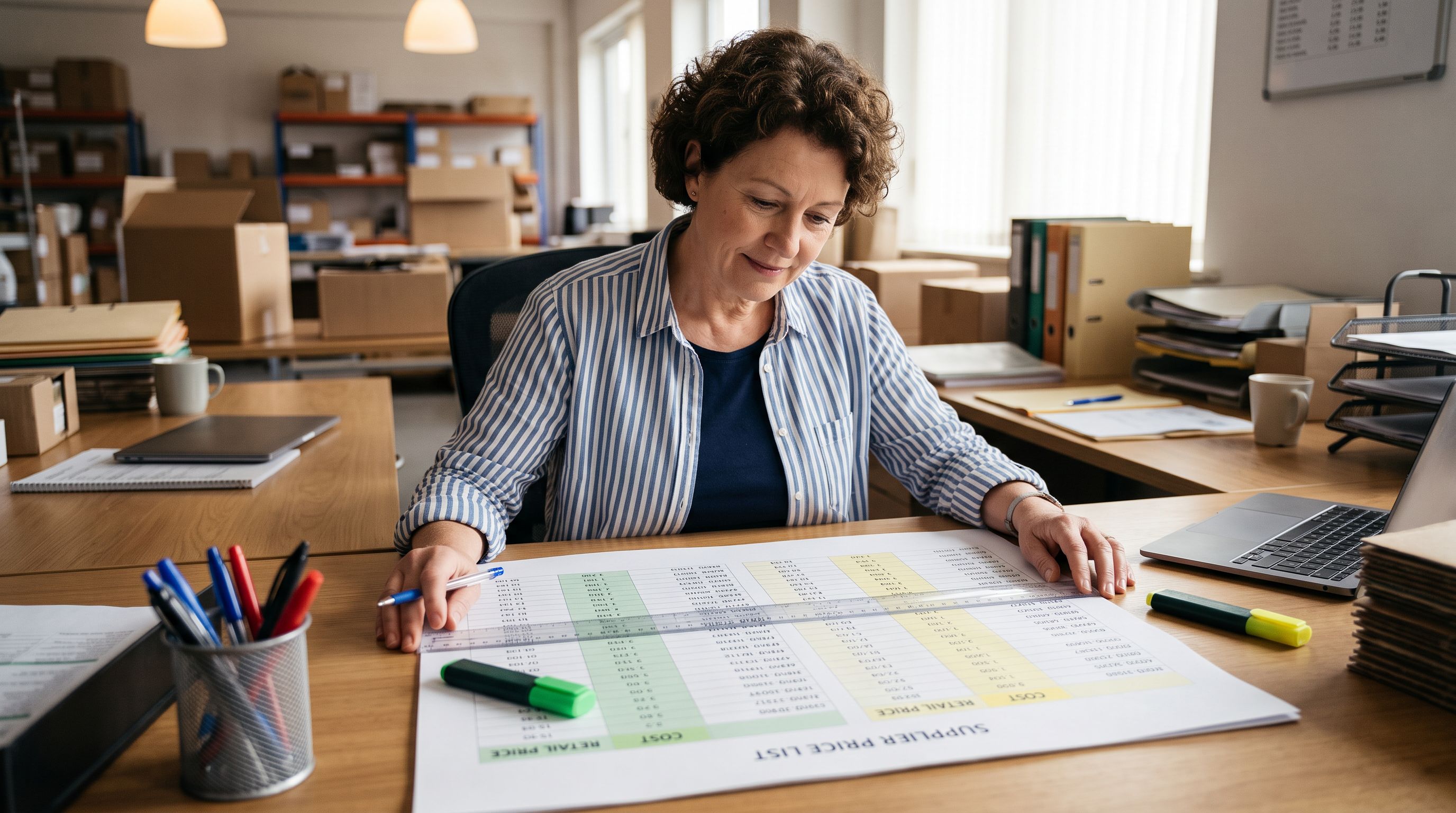Wholesale merchandise manager at a warehouse office desk reviewing a printed two-column supplier price list with cost and recommended retail values highlighted in different colours across rows of product codes