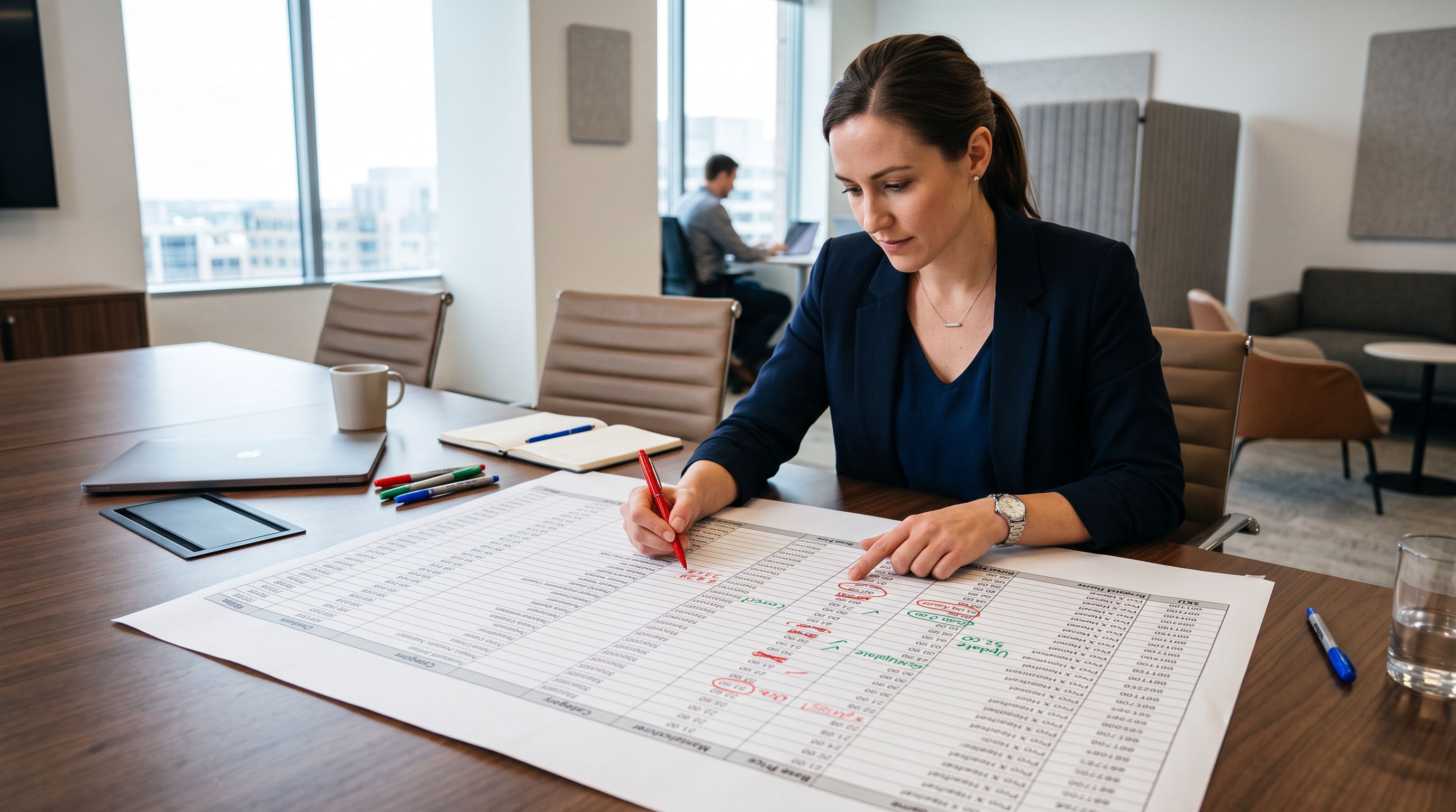 Product data specialist at a conference table examining a printed exported CSV layout with columns of pricing data and annotation marks on specific column headers showing mapping corrections