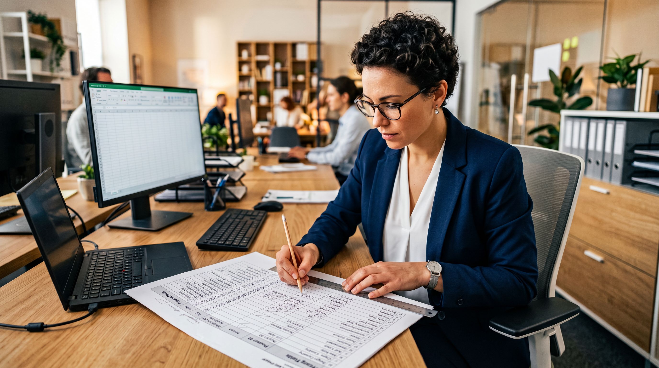 Import configuration specialist reviewing a printed import profile settings sheet at a desktop workstation with column mapping annotations and a checklist of pricing field assignments visible