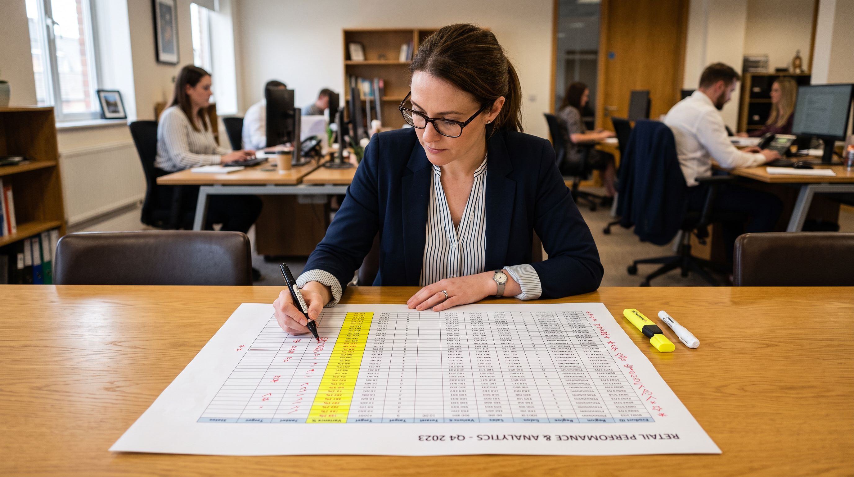 Retail analyst at a long office table examining a printed spreadsheet report with two highlighted price columns and annotation marks showing which rows have incorrect values in the Compare At Price column