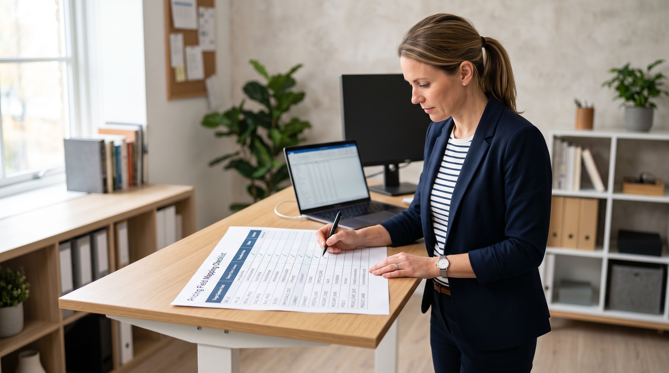 E-commerce operations manager at a standing desk reviewing a printed column mapping checklist with product pricing fields labelled and annotated, a green tick visible beside the correct Variant Price and Compare At Price field assignments