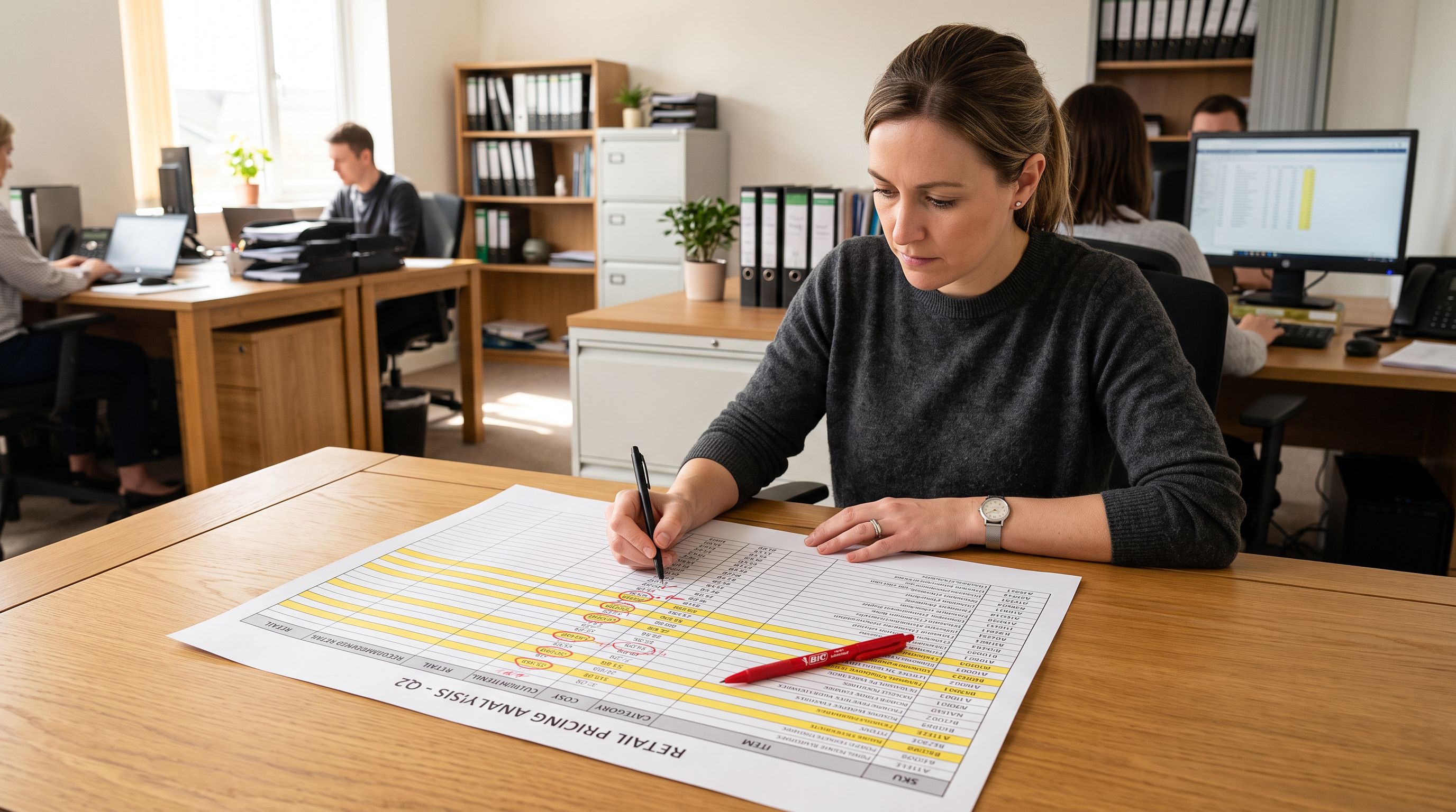 Retail pricing specialist at a desk reviewing a printed price comparison spreadsheet with two columns of figures and annotation marks beside a product catalogue