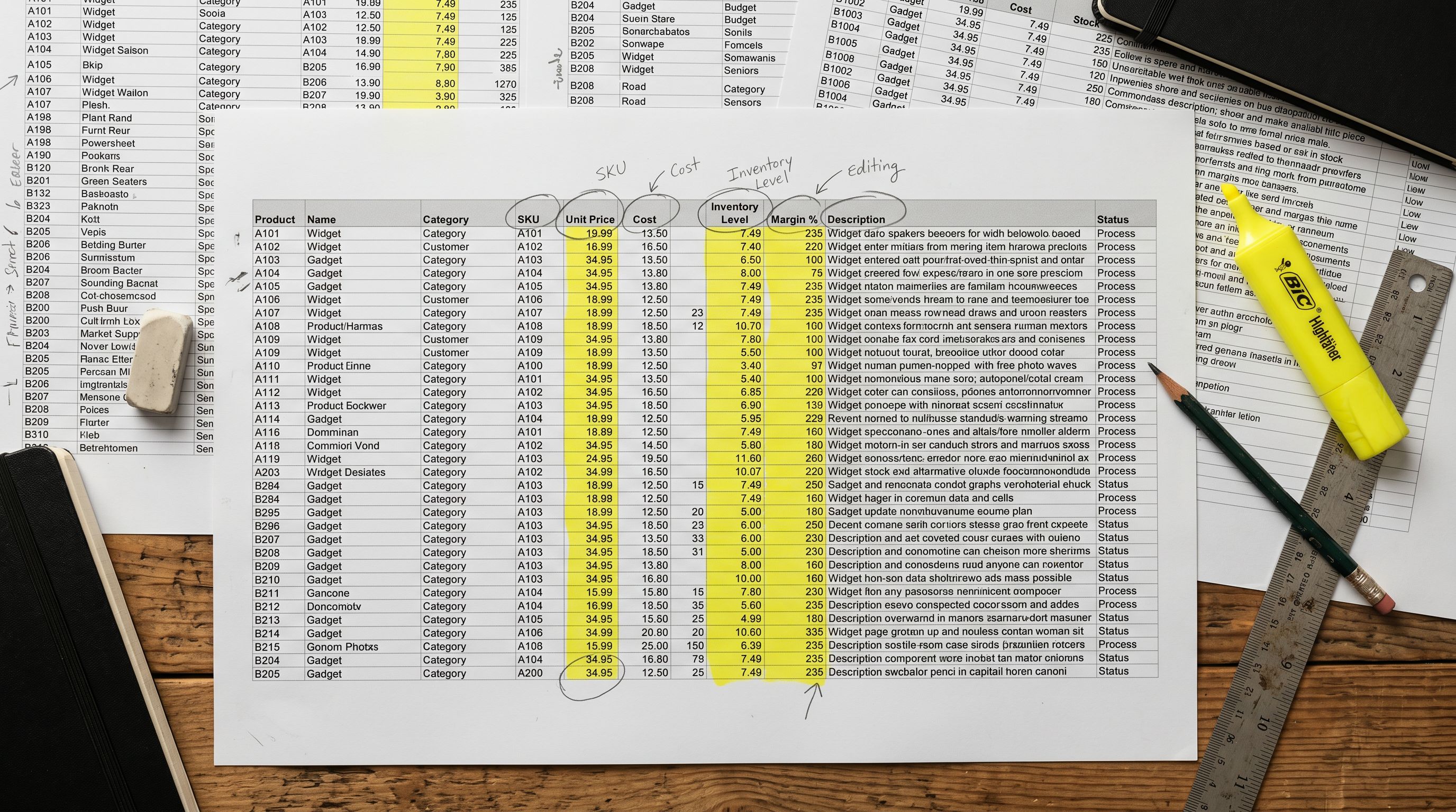 Printed Shopify product spreadsheet on a desk with columns circled in pencil indicating specific fields selected for bulk editing, with a highlighter marking the changed column headers.