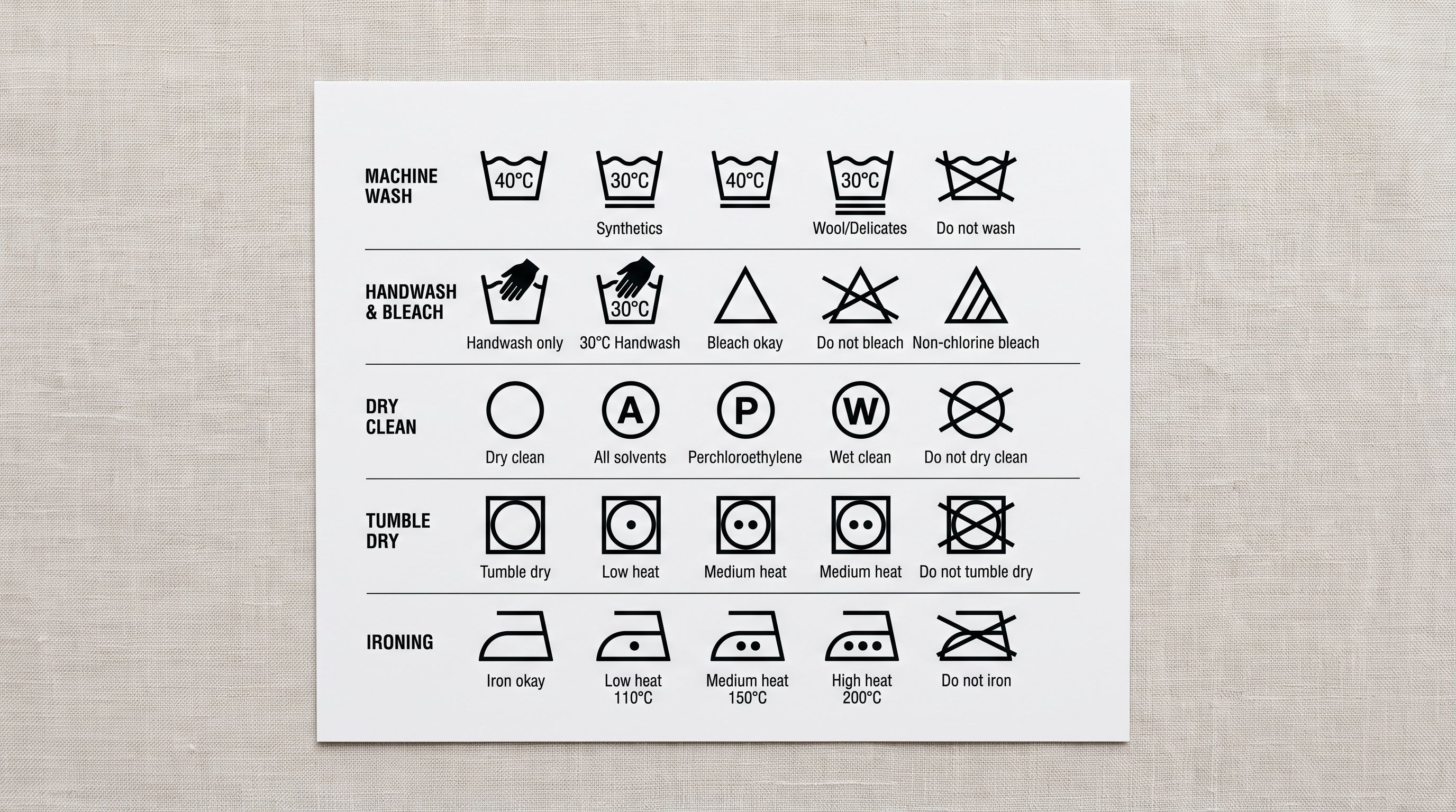 A care instruction wash symbol reference chart printed on cardstock showing machine wash, handwash, dry-clean, and temperature icons arranged in a grid.