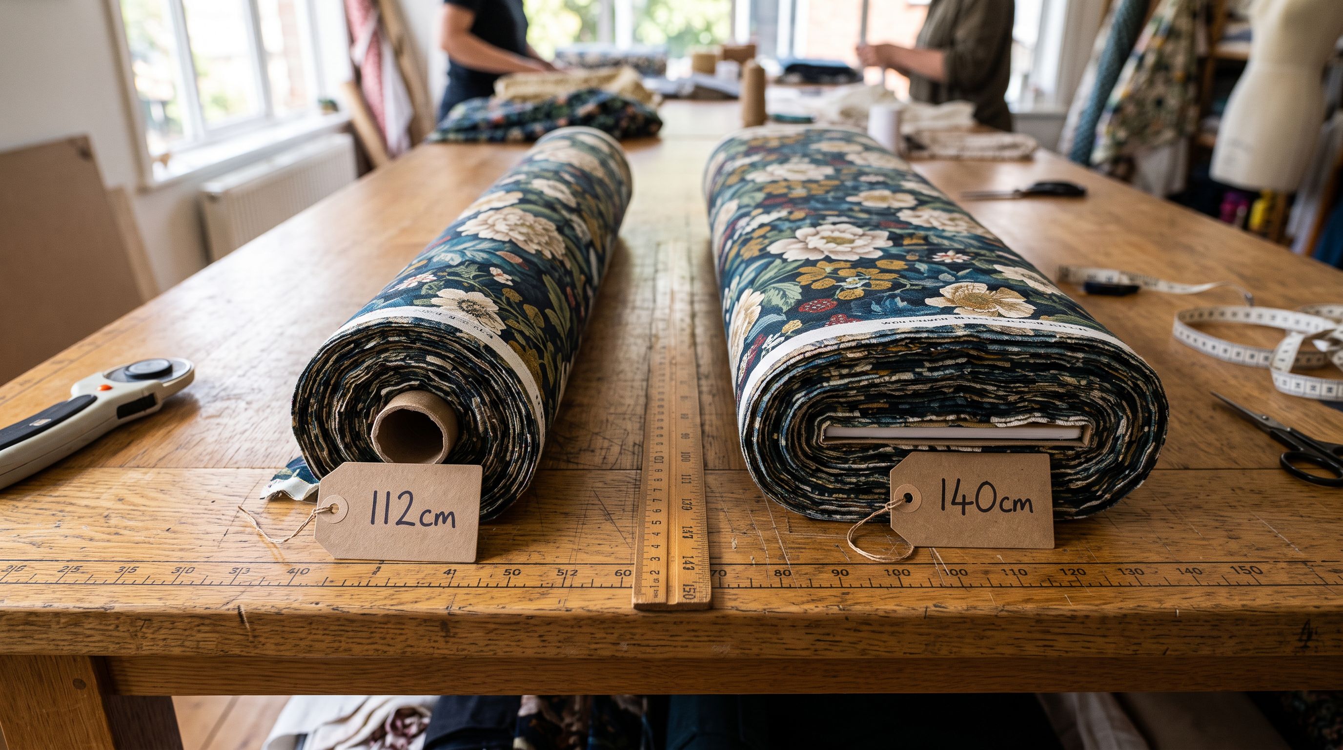 Two bolts of the same floral fabric in different widths on a cutting table beside a ruler, with width measurements marked on cardboard tags.