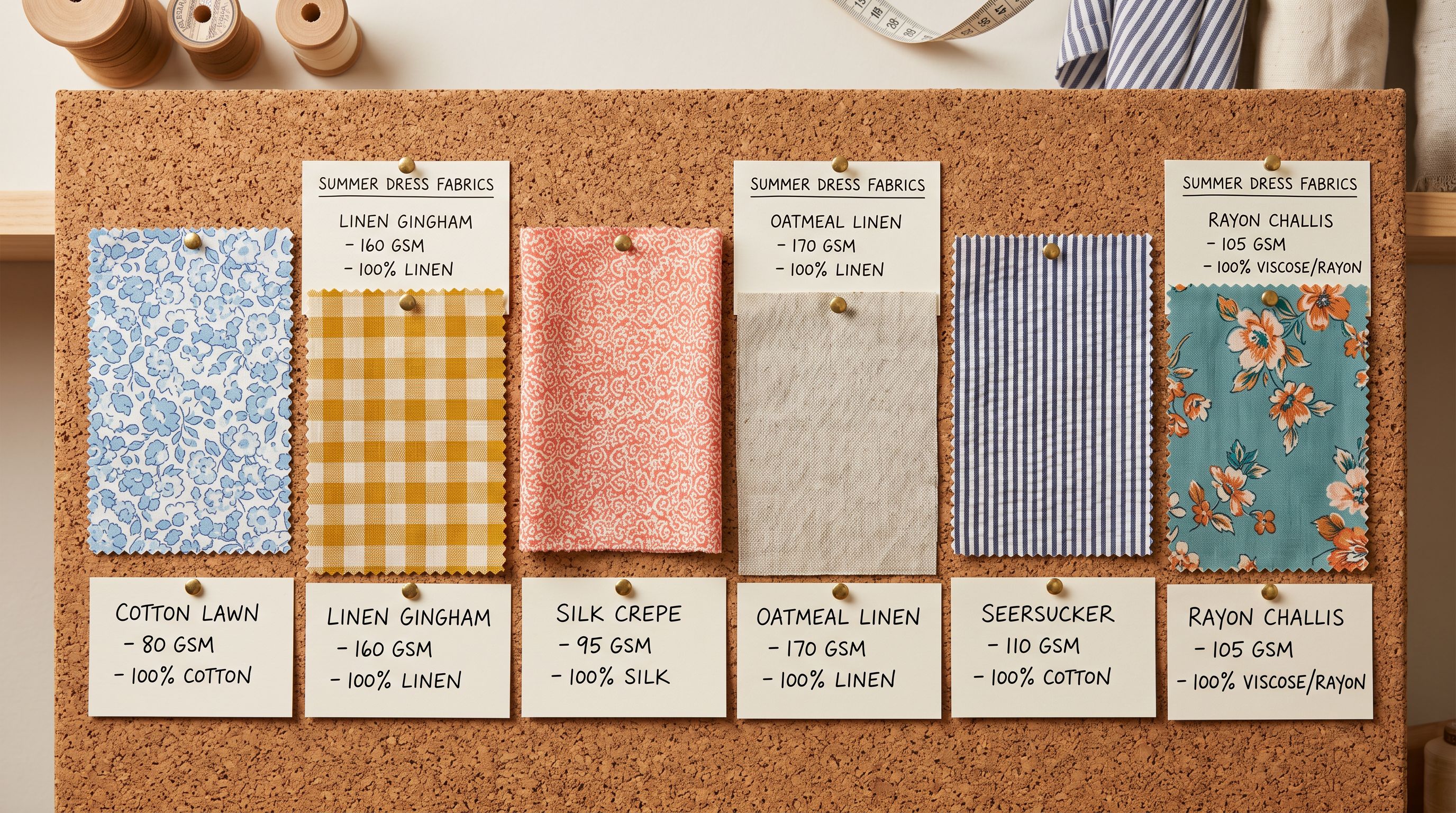 Fabric swatches arranged on a design board with handwritten project notes and yarn weight reference cards showing GSM values beside each swatch.