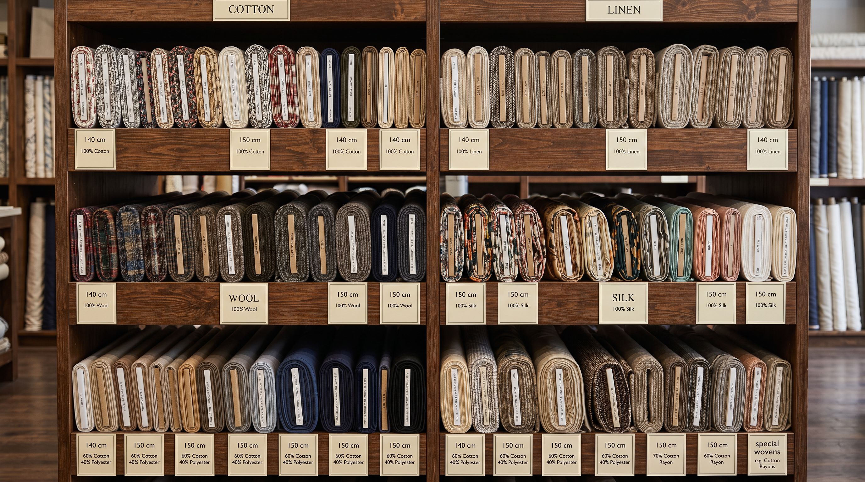 Bolts of fabric arranged by fibre type on retail shelving with printed specification cards showing width and composition details.