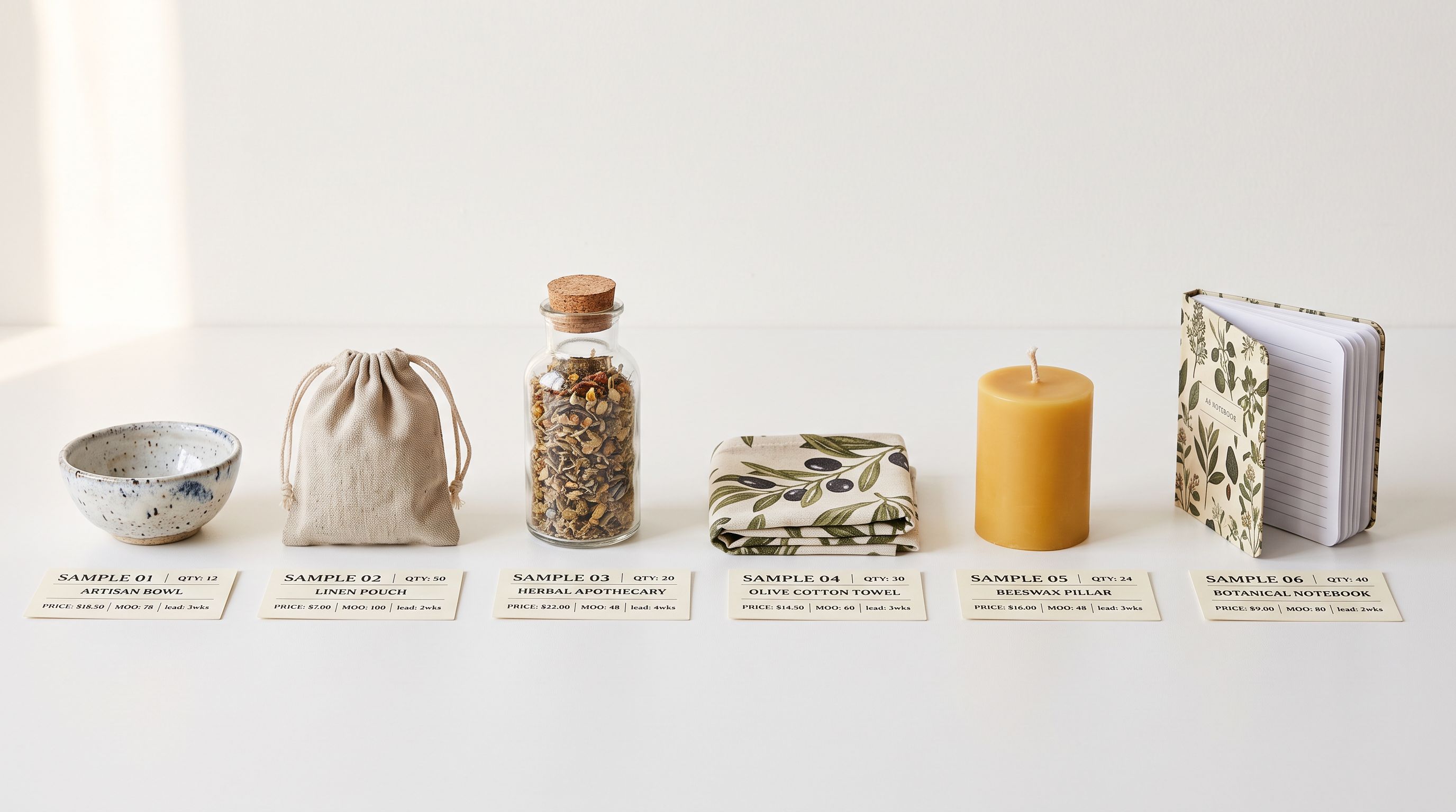 Six boutique wholesale product samples arranged on a white surface with printed specification sheets beside each item showing product name, brand, wholesale price and MSRP columns under natural studio lighting.
