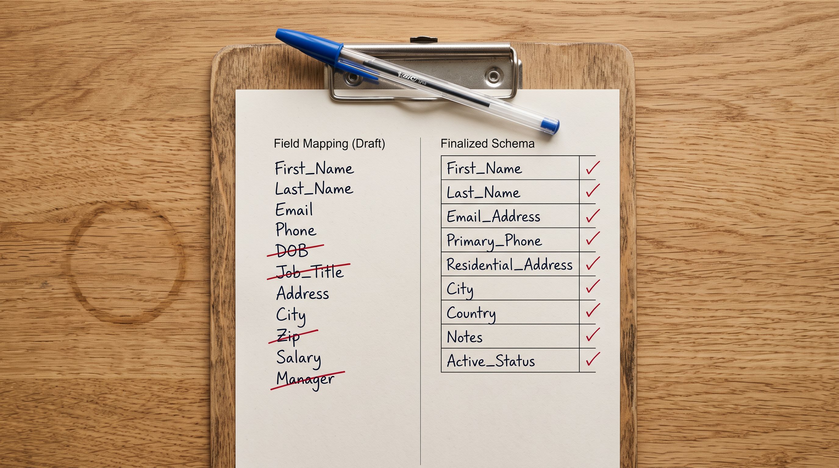 Two-panel printed comparison diagram on a clipboard placed on a wooden work surface, left panel showing a handwritten column name list with crossed-out fields, right panel showing a clean mapped field list with checkmarks.