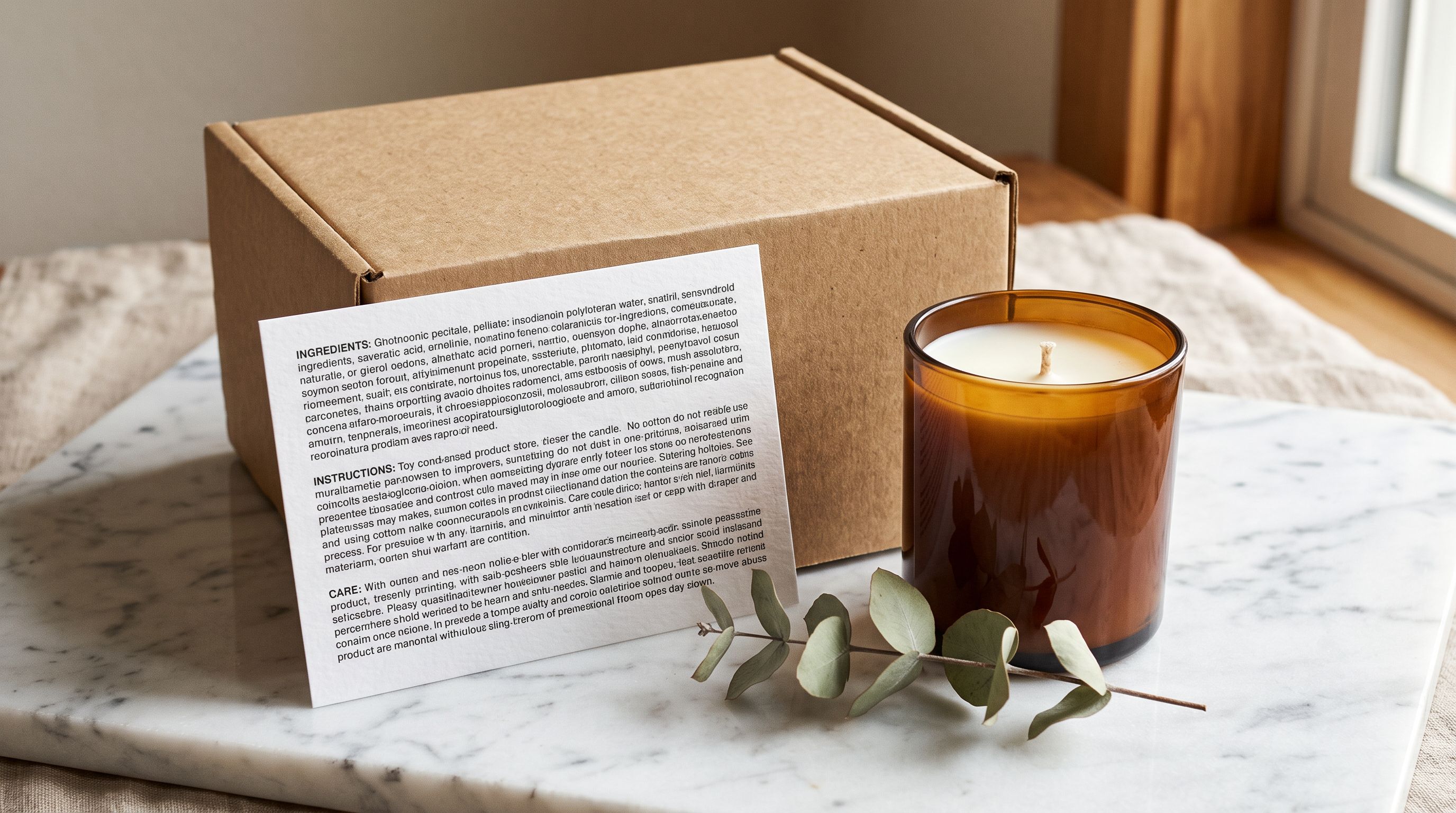 Printed boutique product description card beside an open candle in a kraft-paper box with a separate handwritten note card showing before and after description text in two columns under warm lamp lighting.