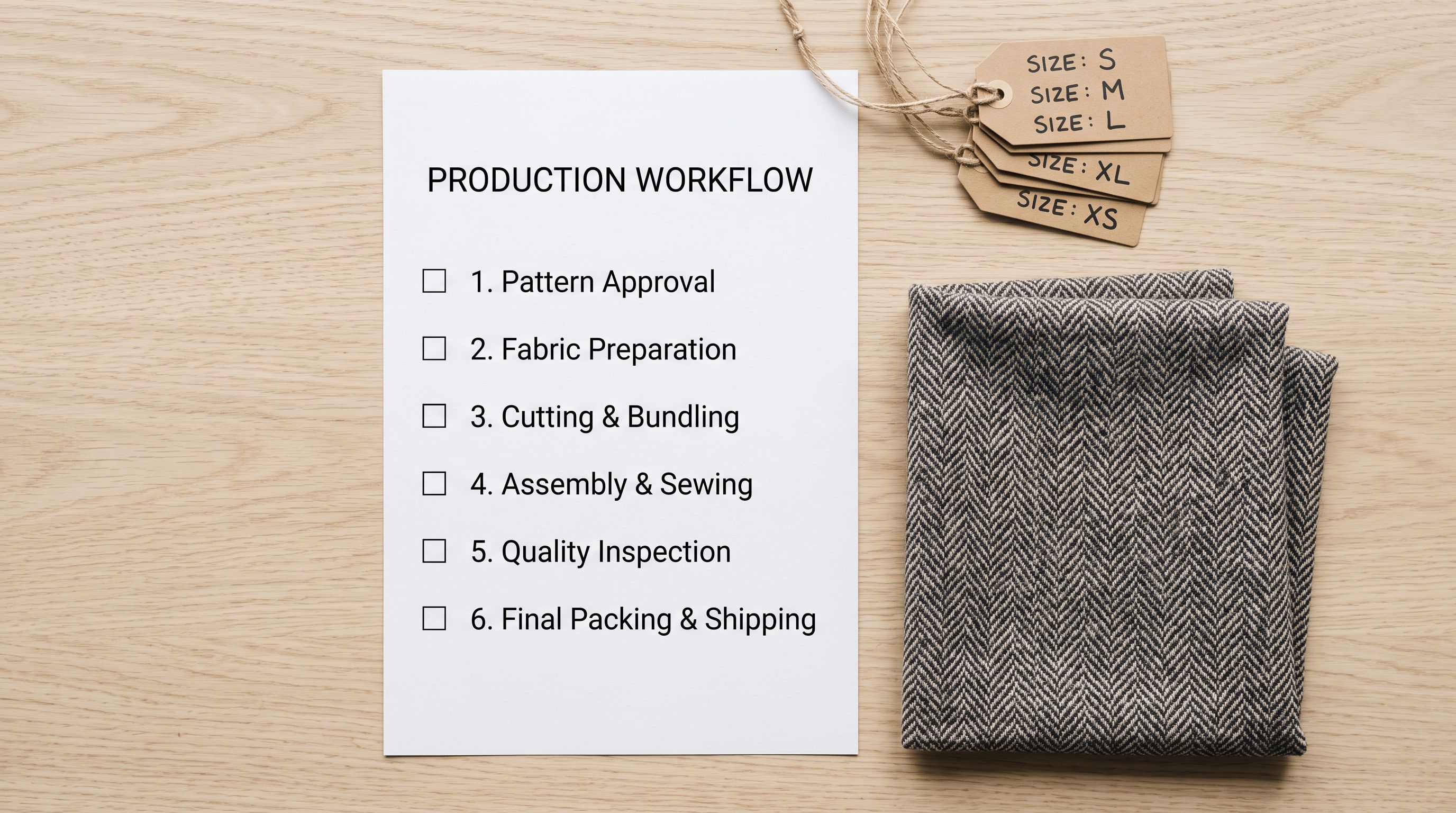 Six-step numbered workflow diagram printed on a white sheet resting on a clean work surface beside a product order form and a stack of folded sample garments in muted tones.