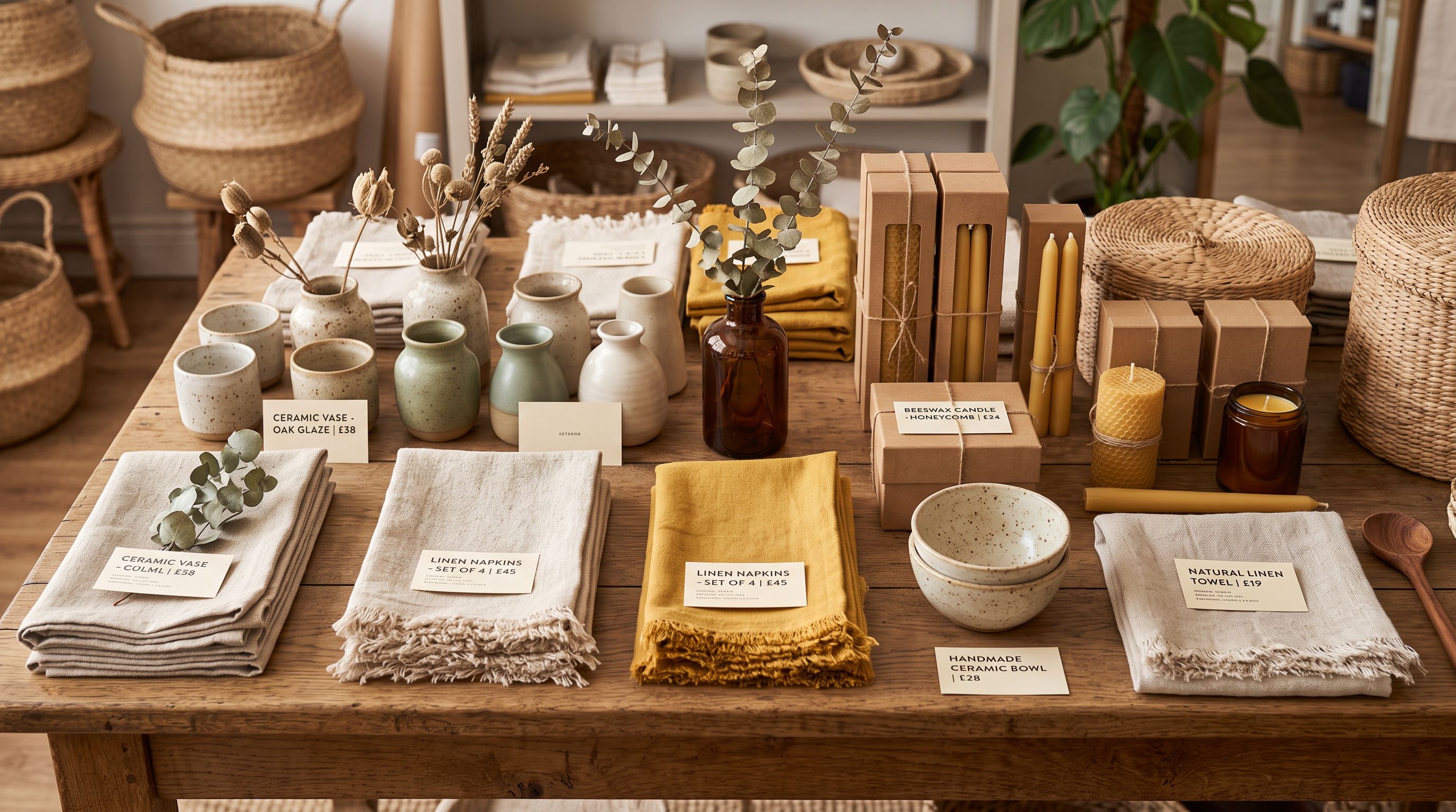 Retail boutique display table with curated lifestyle products including candles, folded textiles and ceramic vessels arranged with printed product specification cards.