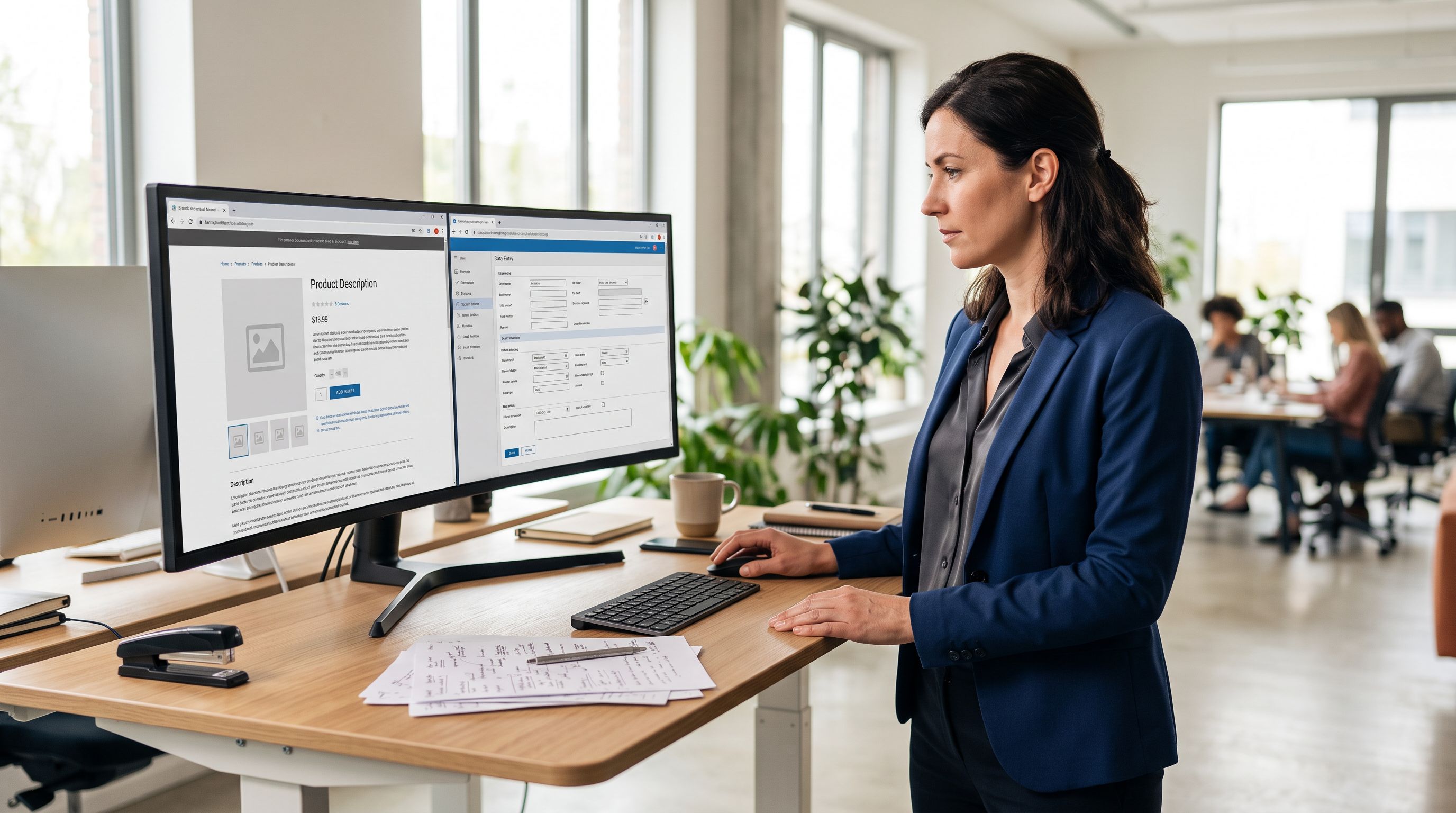 An office worker at a standing desk reviewing a split-screen monitor showing a Shopify product page on one side and a structured FAQ data entry form on the other, with handwritten notes on the desk.