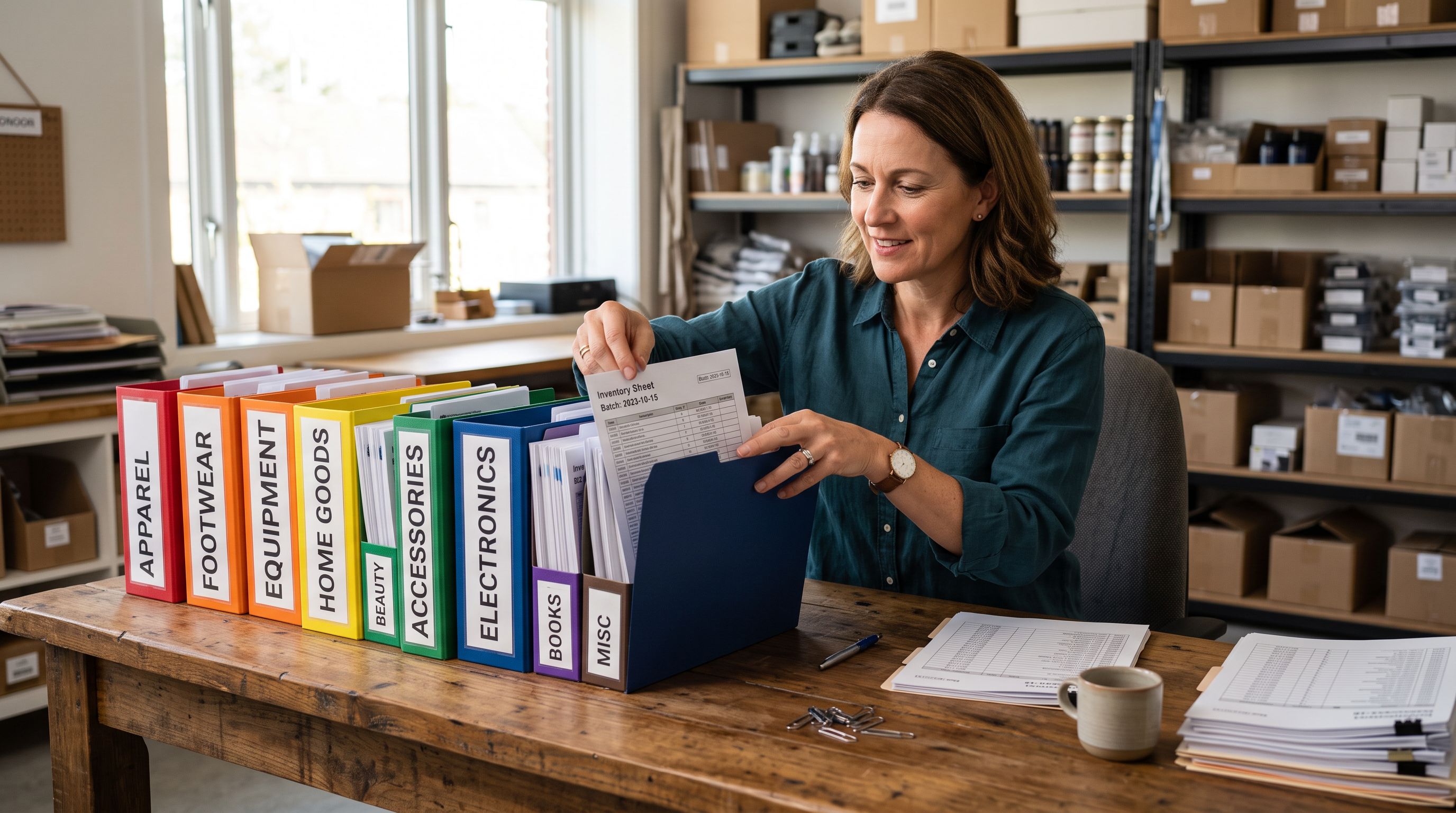A merchant organising a set of colour-coded supplier product folders on a wide desk, each folder labelled with a different product category and containing printed product sheets sorted by import batch date.
