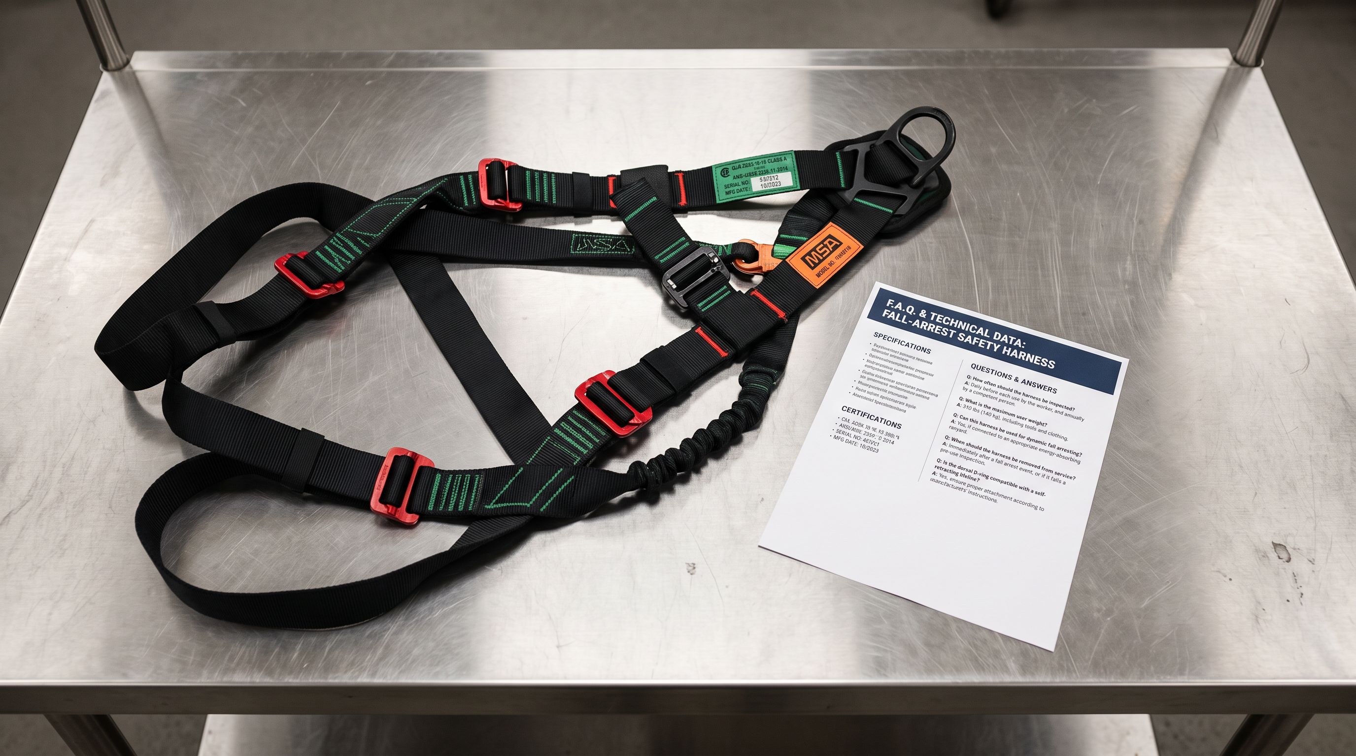 Technical specification sheet with a question-and-answer section placed beside a fall-arrest safety harness on an inspection table.