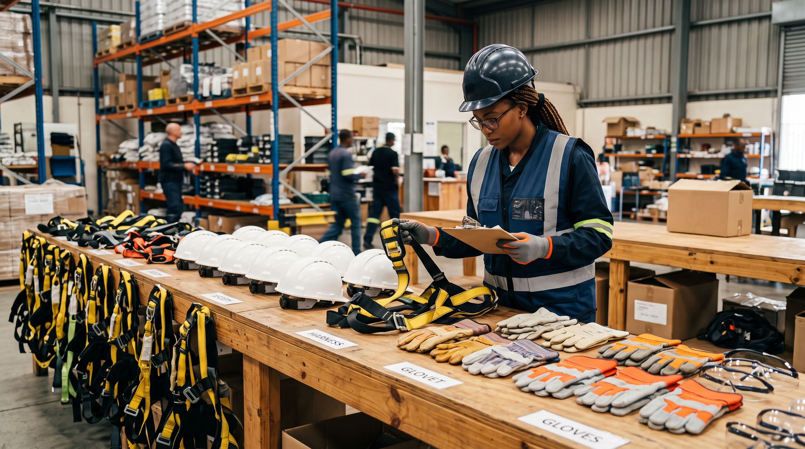 Industrial safety equipment inspector examining personal protective equipment laid out by product category on a warehouse table.