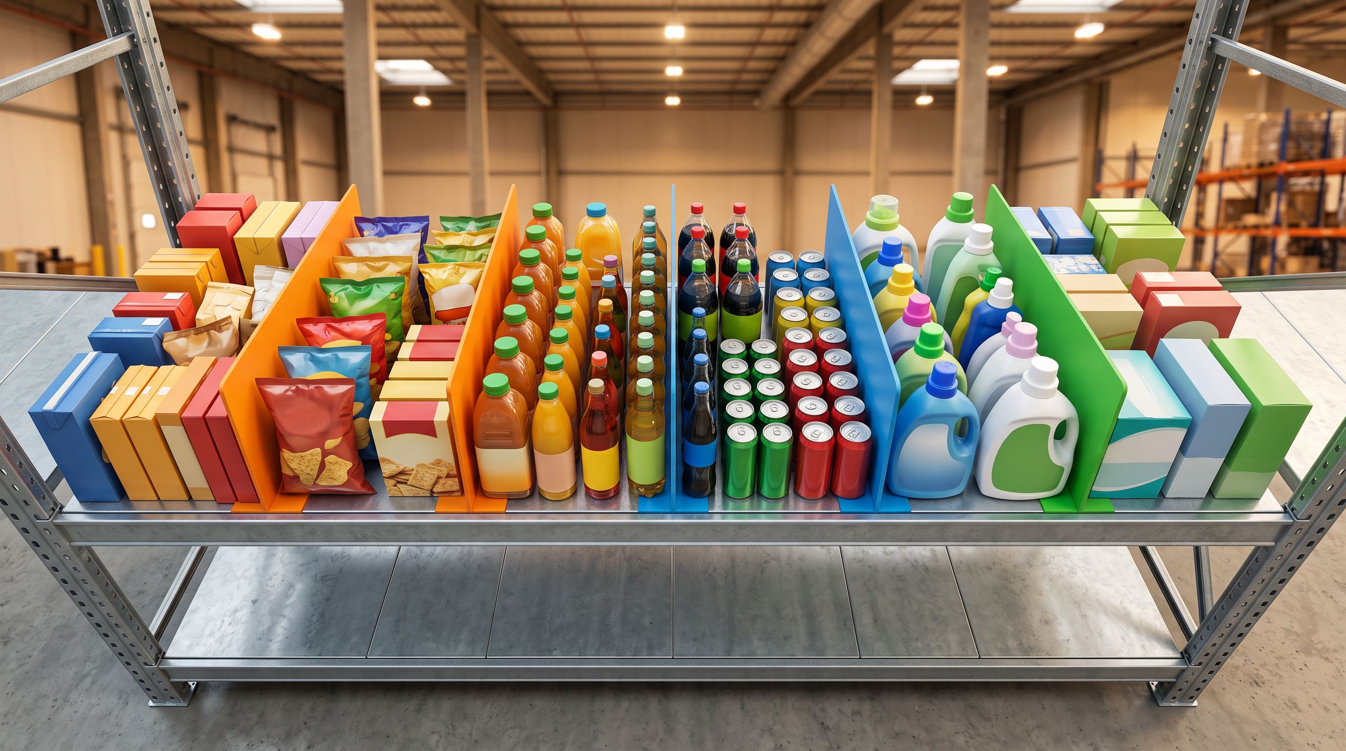 Three groups of packaged products arranged on a warehouse shelf separated by coloured divider cards.