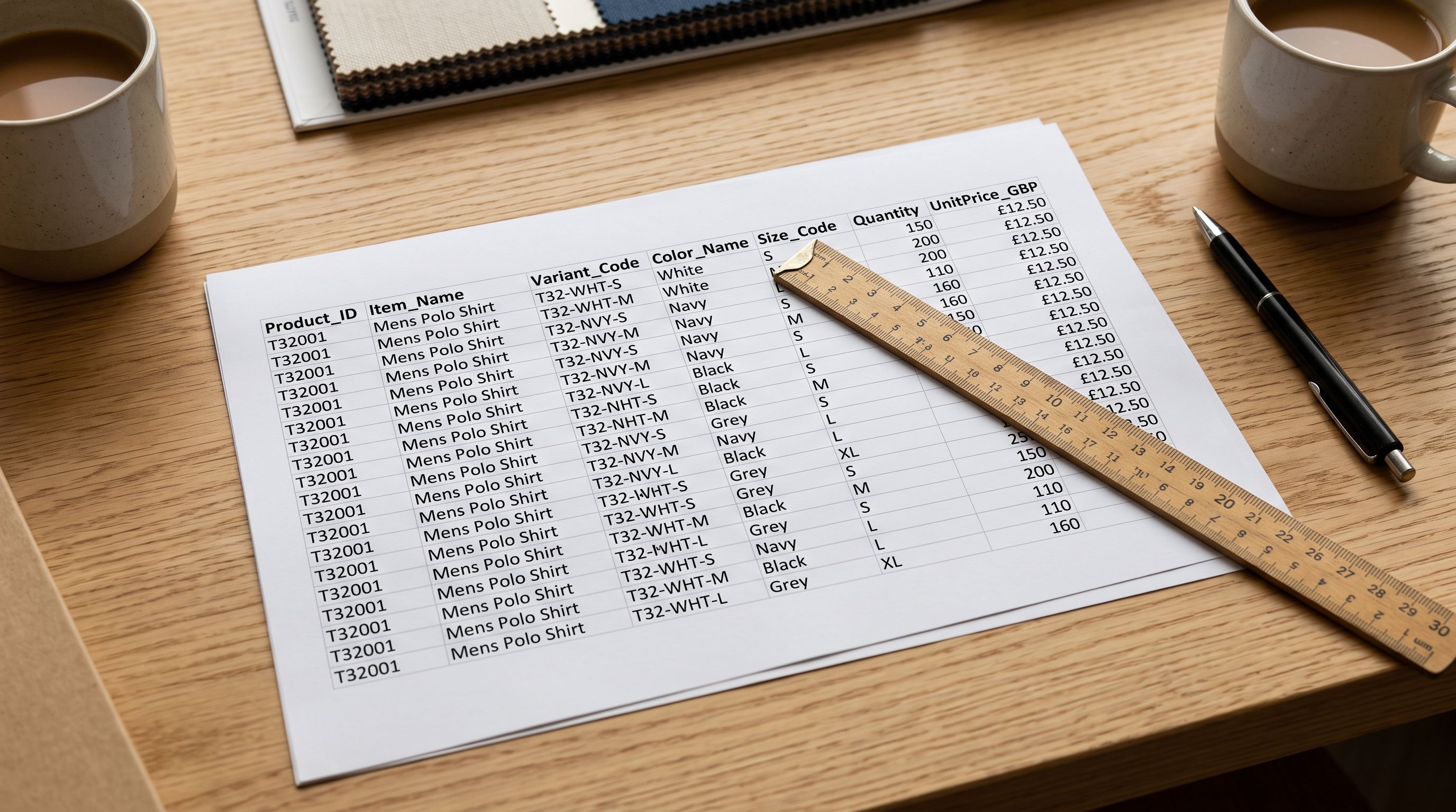 A printed supplier CSV spreadsheet on a light oak desk showing rows of size and colour codes with a ruler on the header.