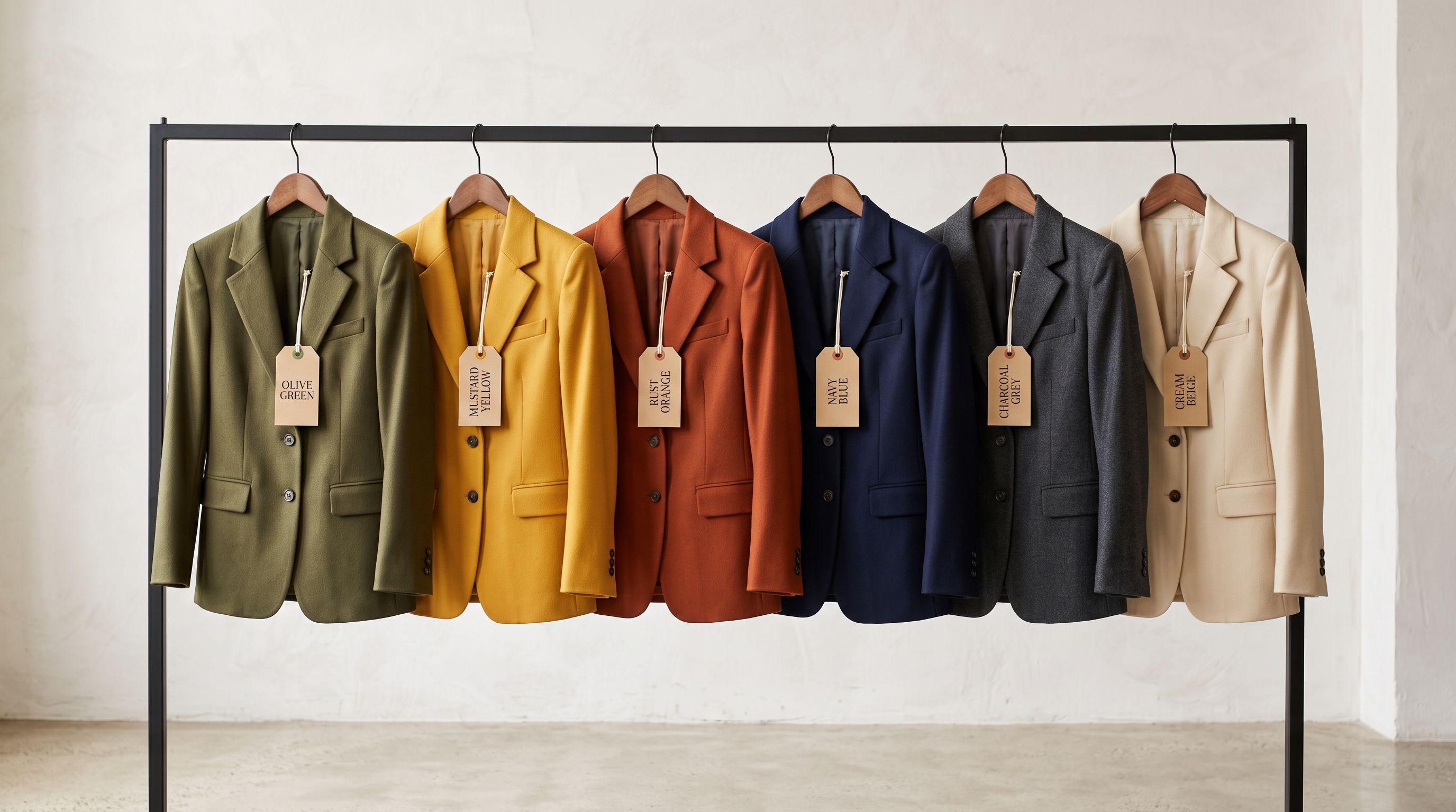 A retail clothing rack with identical jacket styles in six different colours, swing tags showing each colourway name.