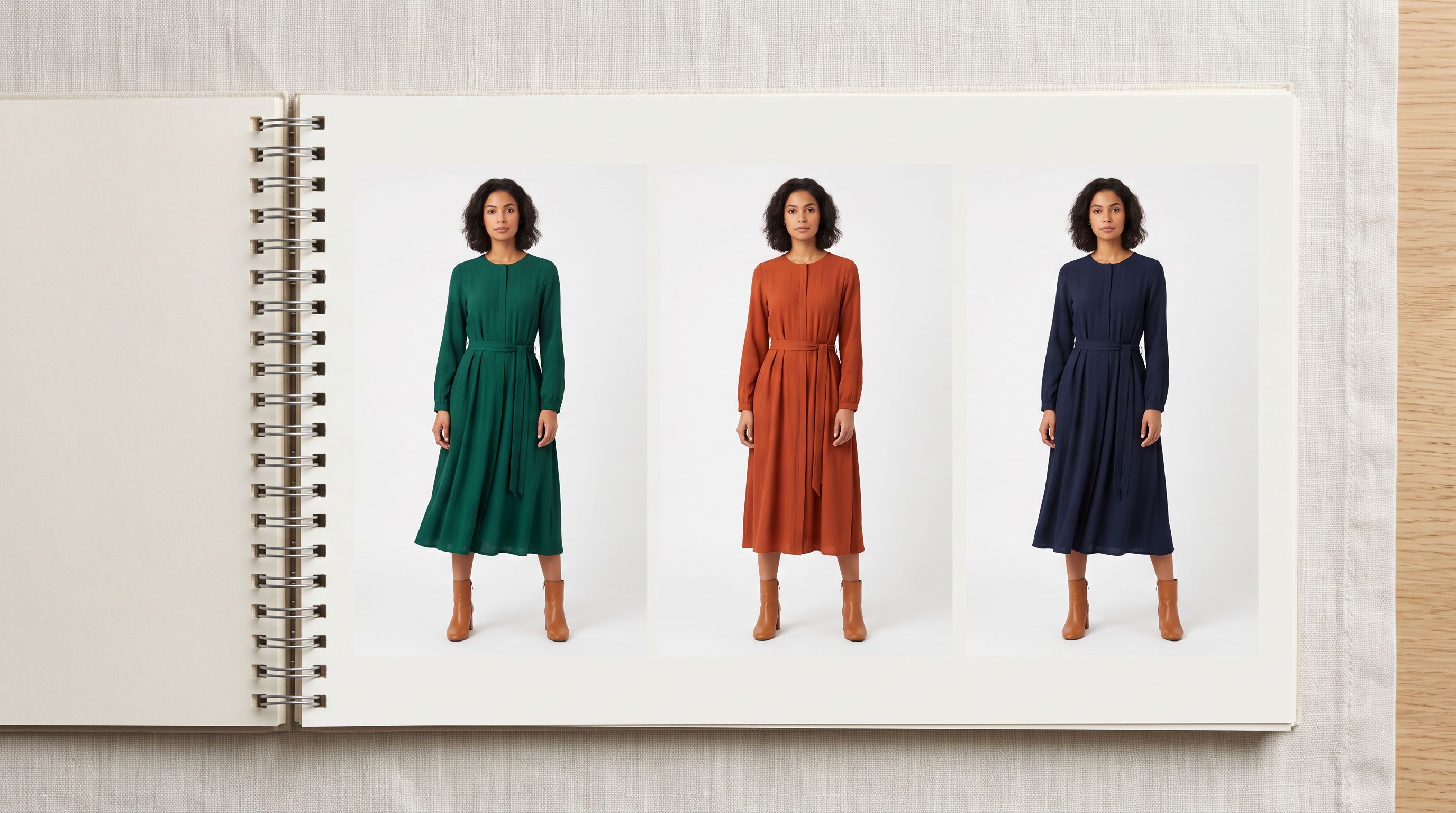 A spiral-bound seasonal lookbook open showing a dress style photographed in three colourways side by side.