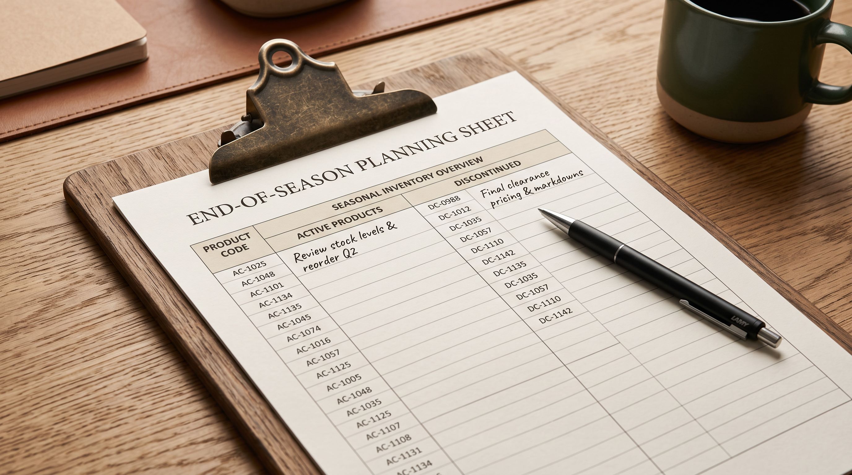 A printed end-of-season planning sheet on a clipboard with product codes in active and discontinued columns.