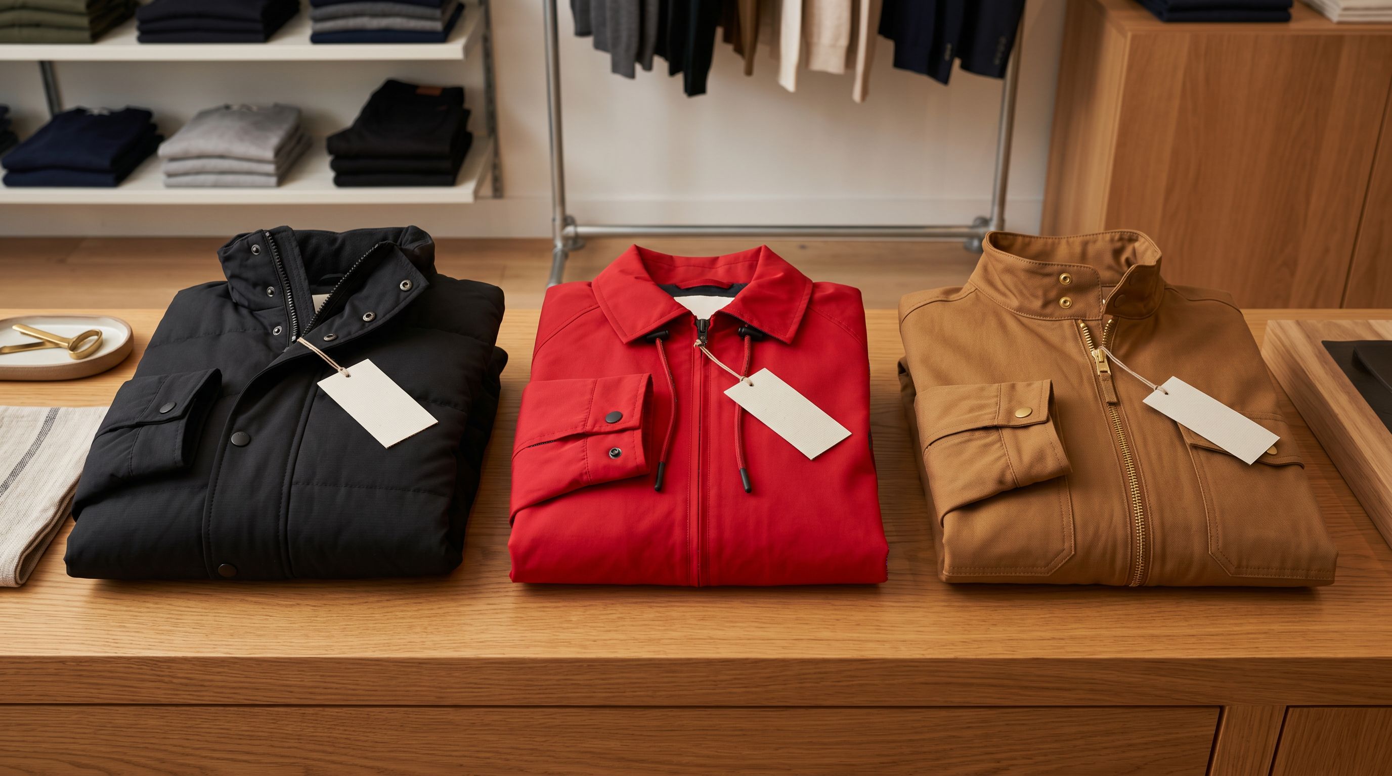 Three folded jackets in different colourways arranged in a row on a clean wooden retail display surface, showing organised fashion product stock in black, red, and camel tones.