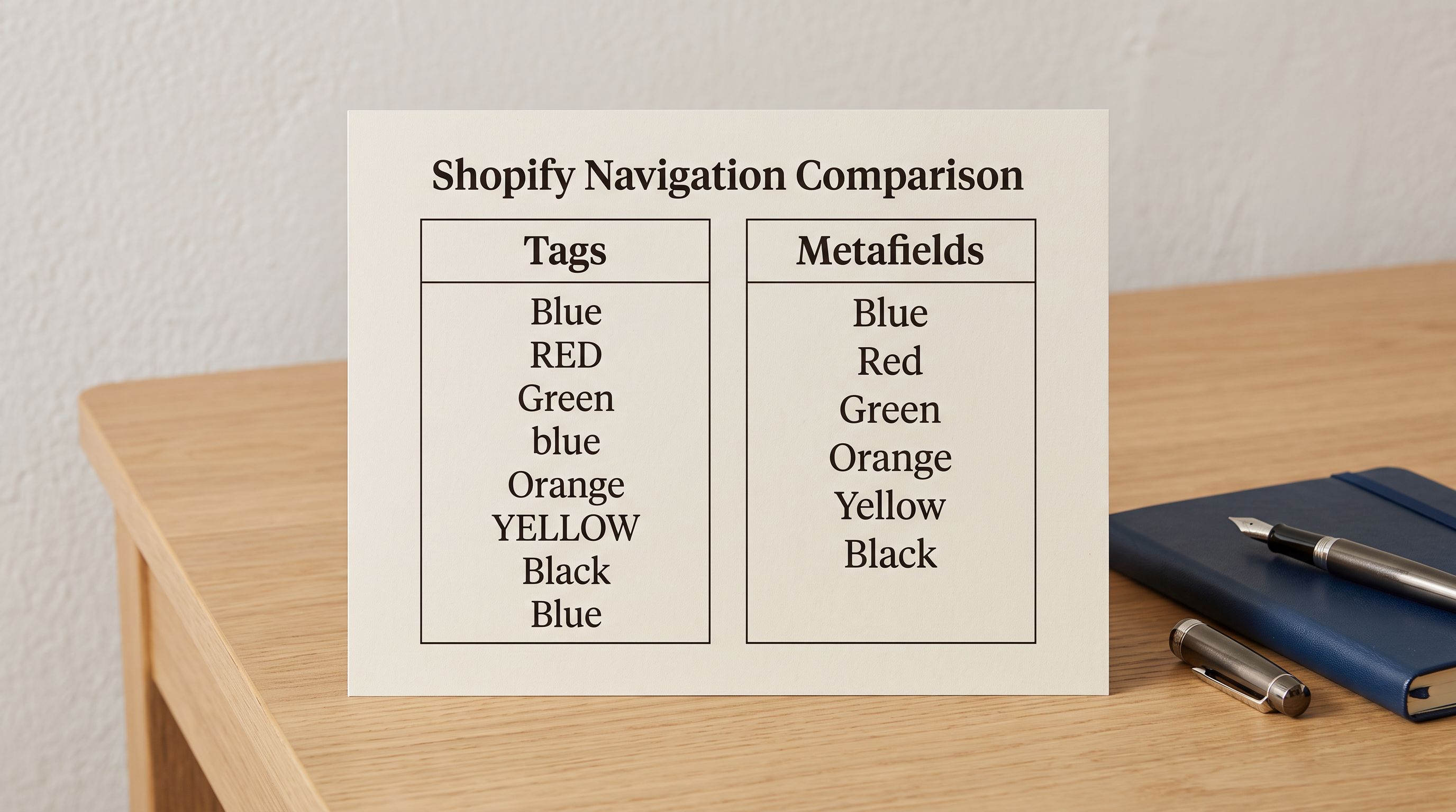A two-column diagram comparing tag-based filter options with inconsistent capitalisation against clean metafield filter values.