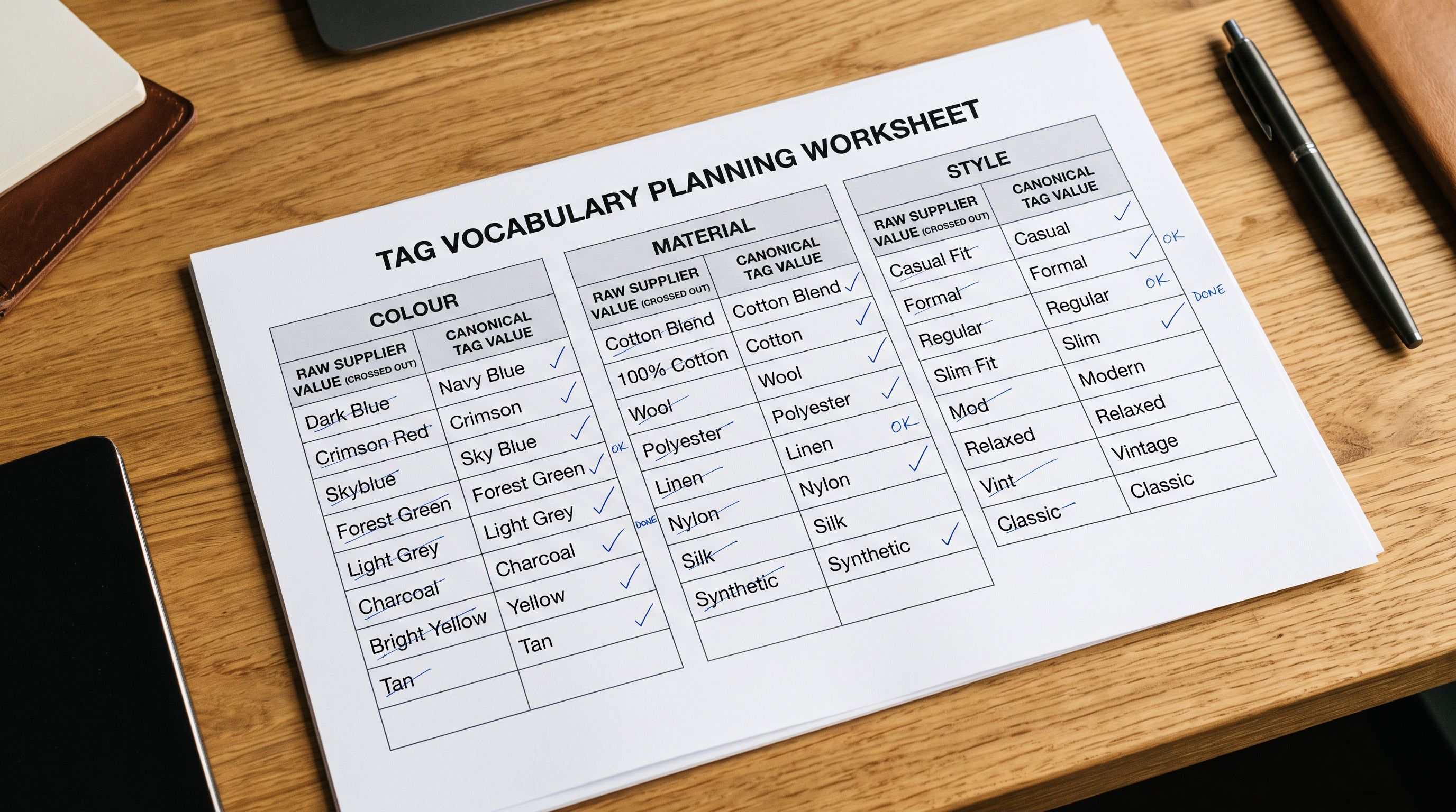 A tag vocabulary planning worksheet showing canonical tag values beside crossed-out raw supplier values across three attribute categories.