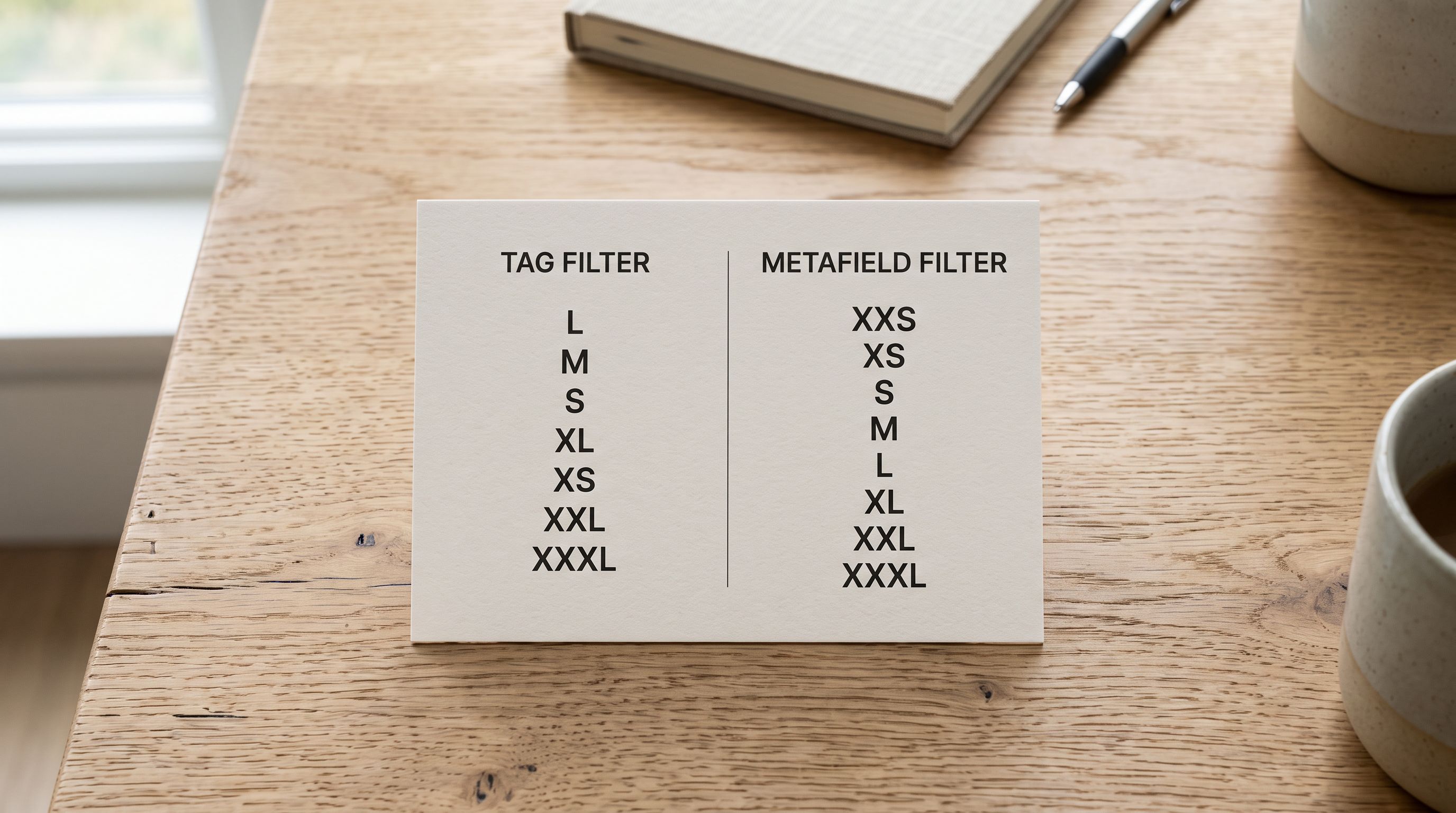A size attribute card showing tag filter sizes in random alphabetical order versus metafield filter sizes in correct garment order.