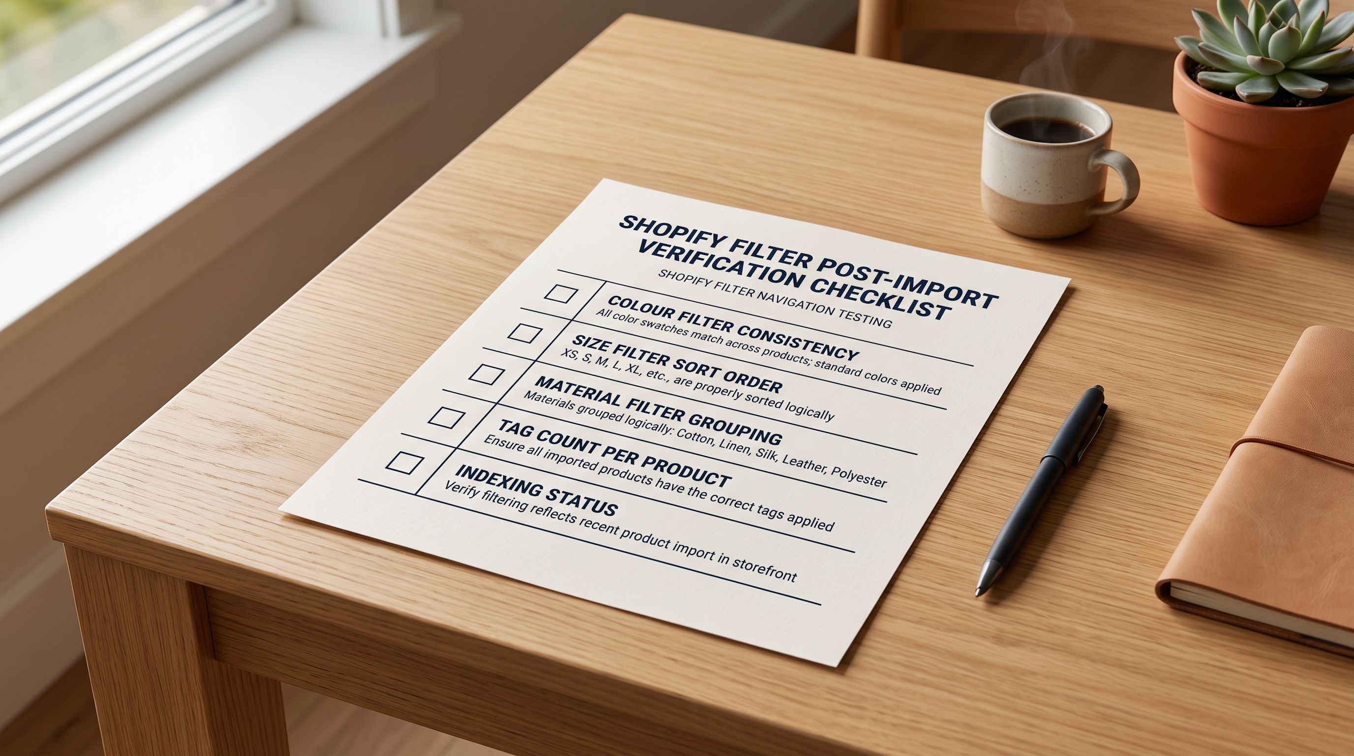 A post-import filter testing checklist with five rows covering colour, size, material, tag count, and indexing status.