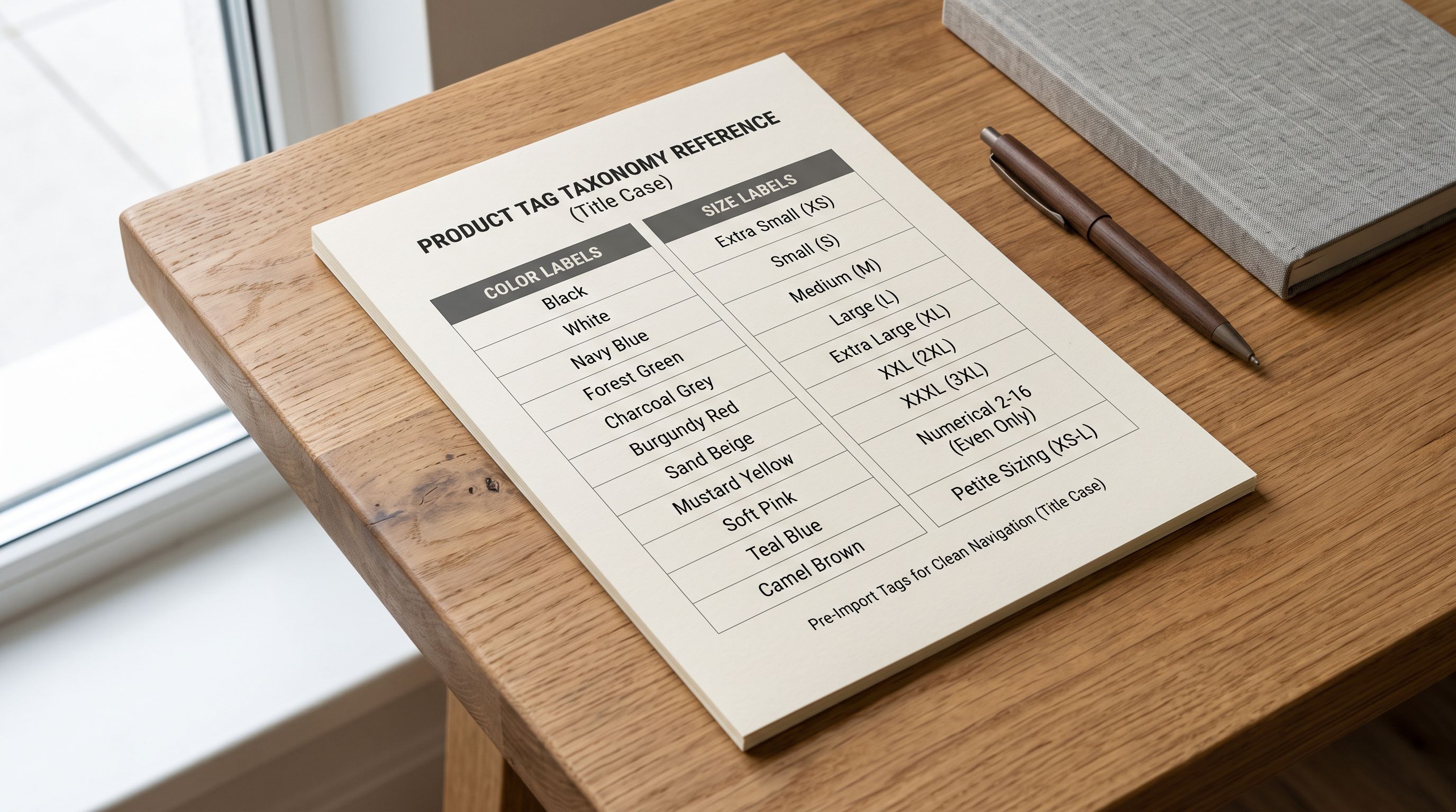 A printed product tag taxonomy chart on a clean wooden desk showing a structured list of colour and size values with consistent naming, representing filter navigation planning for a Shopify bulk product import.