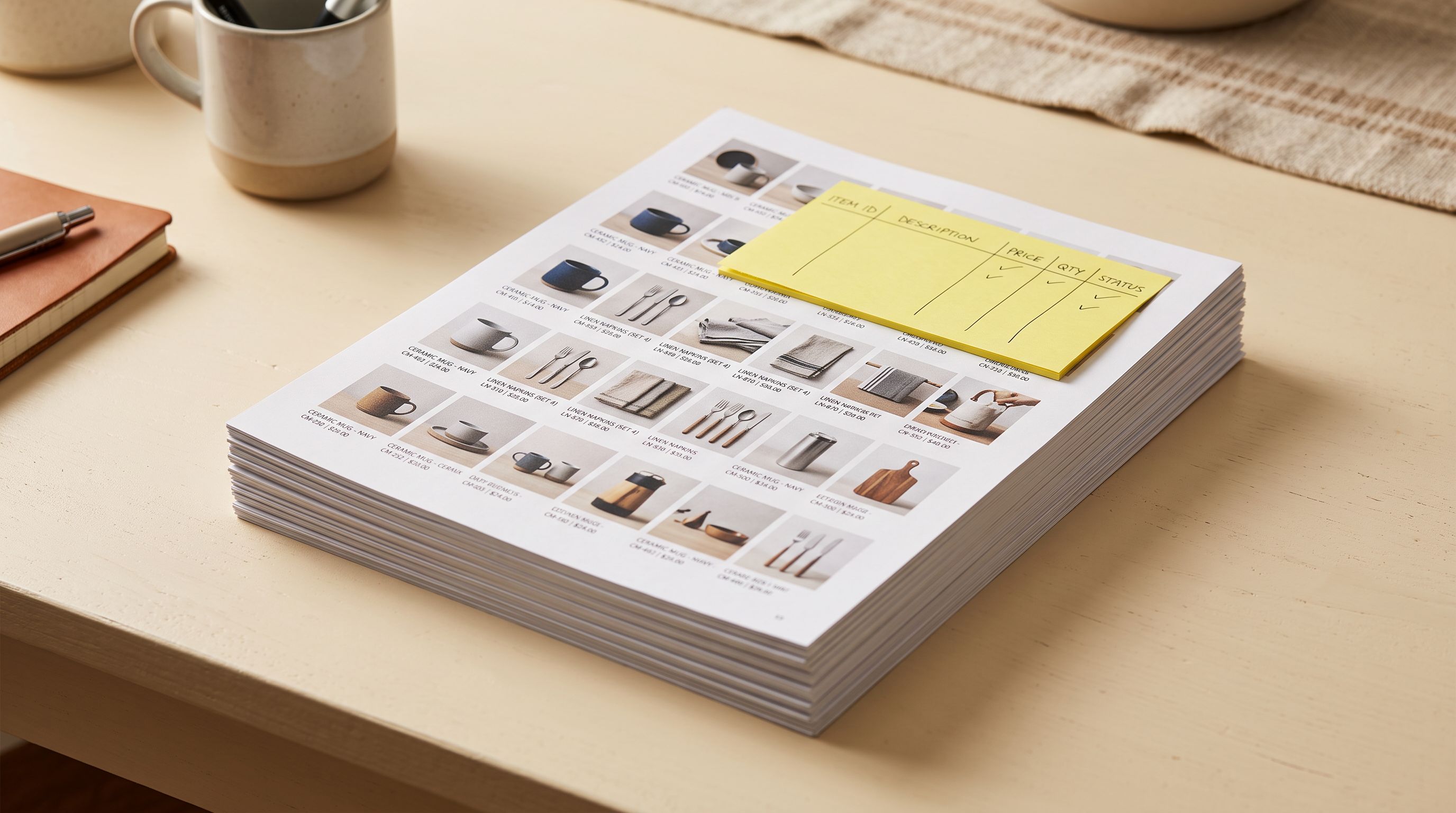 A neatly organised stack of printed catalogue pages with product rows and handwritten column labels on a cream desk.