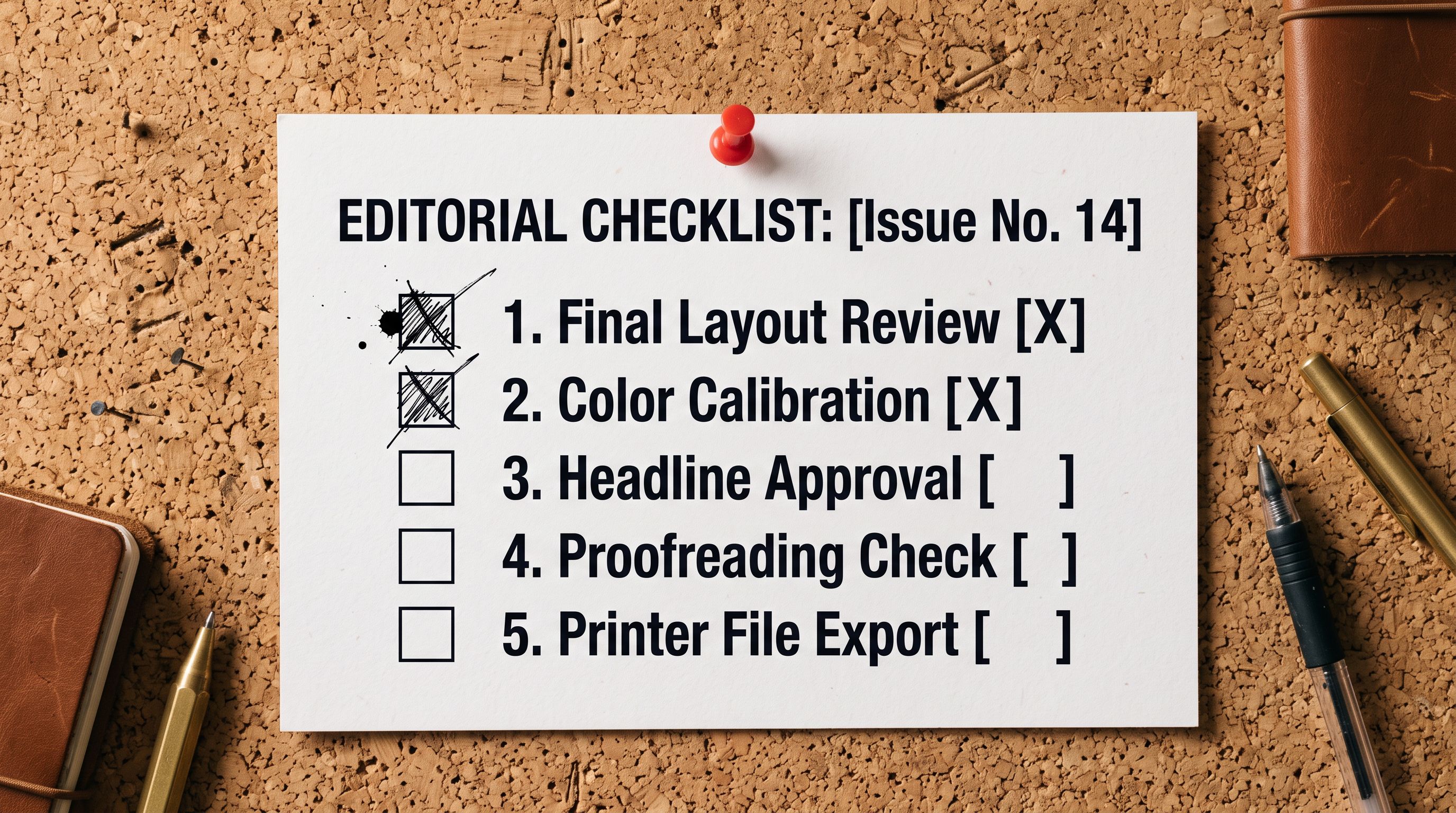 A printed numbered checklist on white card pinned to a corkboard with partially checked boxes and a black pen.