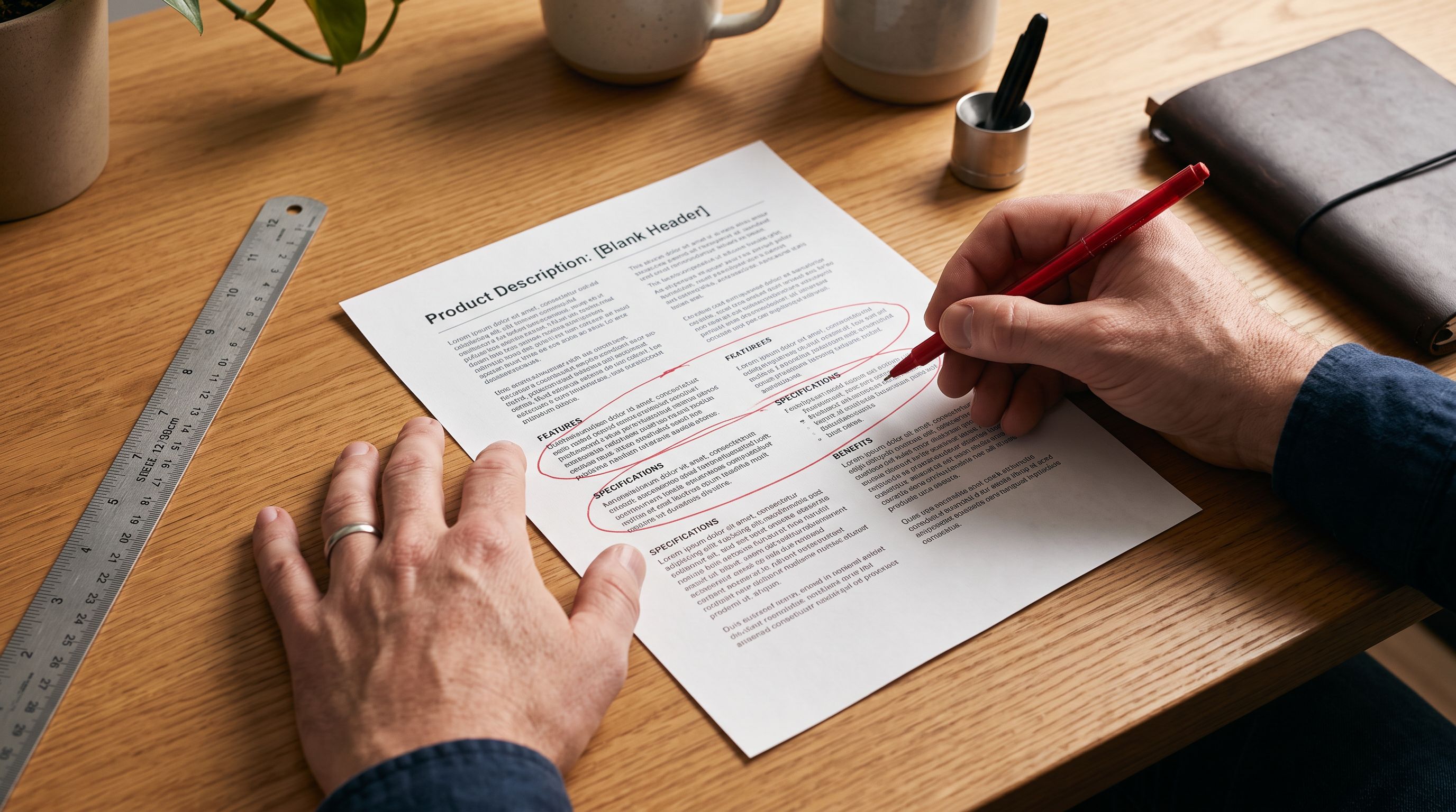 Hands reviewing a printed product description page at a desk, a red pen circling paragraphs for checking.