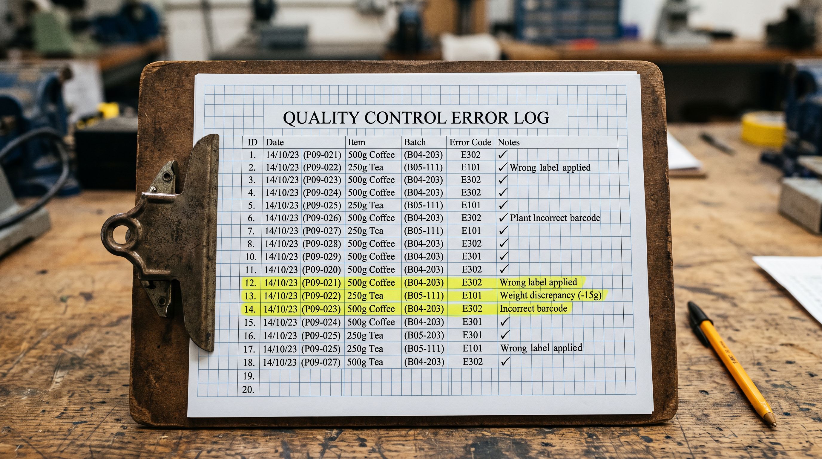 A printed error log with product rows on graph paper, three rows highlighted in yellow on a clipboard.