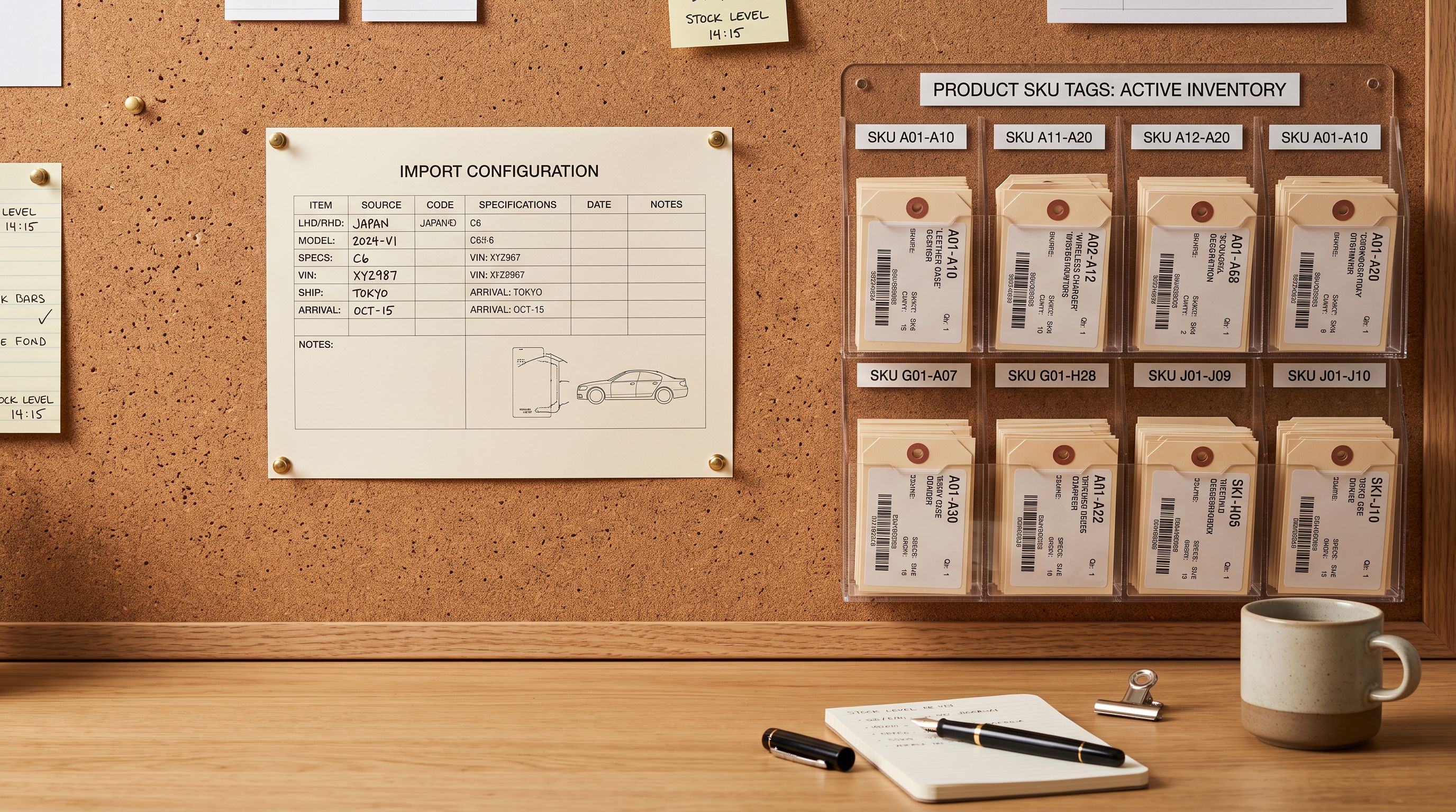 A printed import configuration card pinned to a corkboard alongside product SKU tags sorted into labelled dividers.