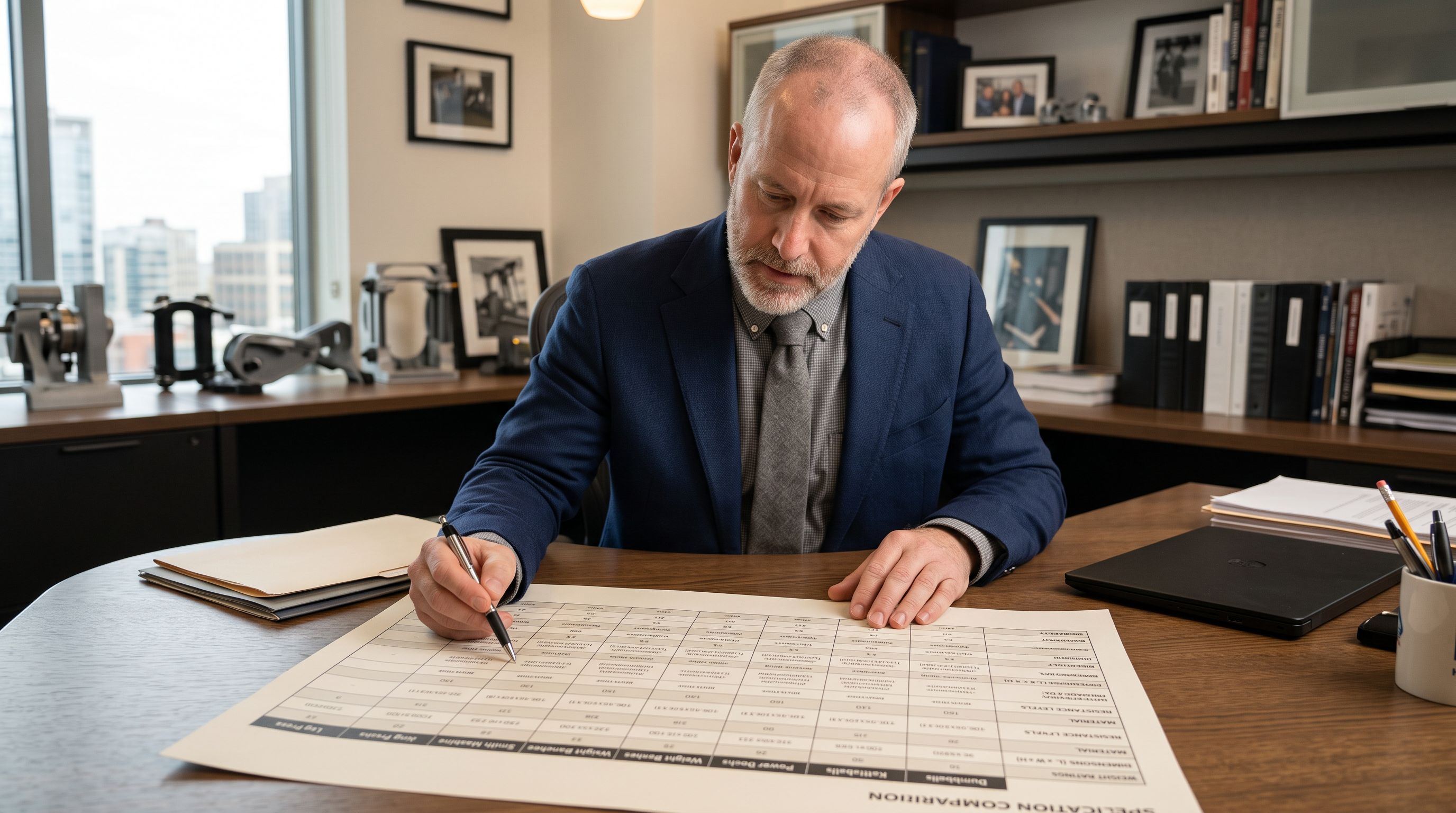 Fitness equipment product manager at a desk reviewing a specification comparison chart for gym equipment items showing weight ratings, dimensions, and resistance levels arranged in a structured table format.