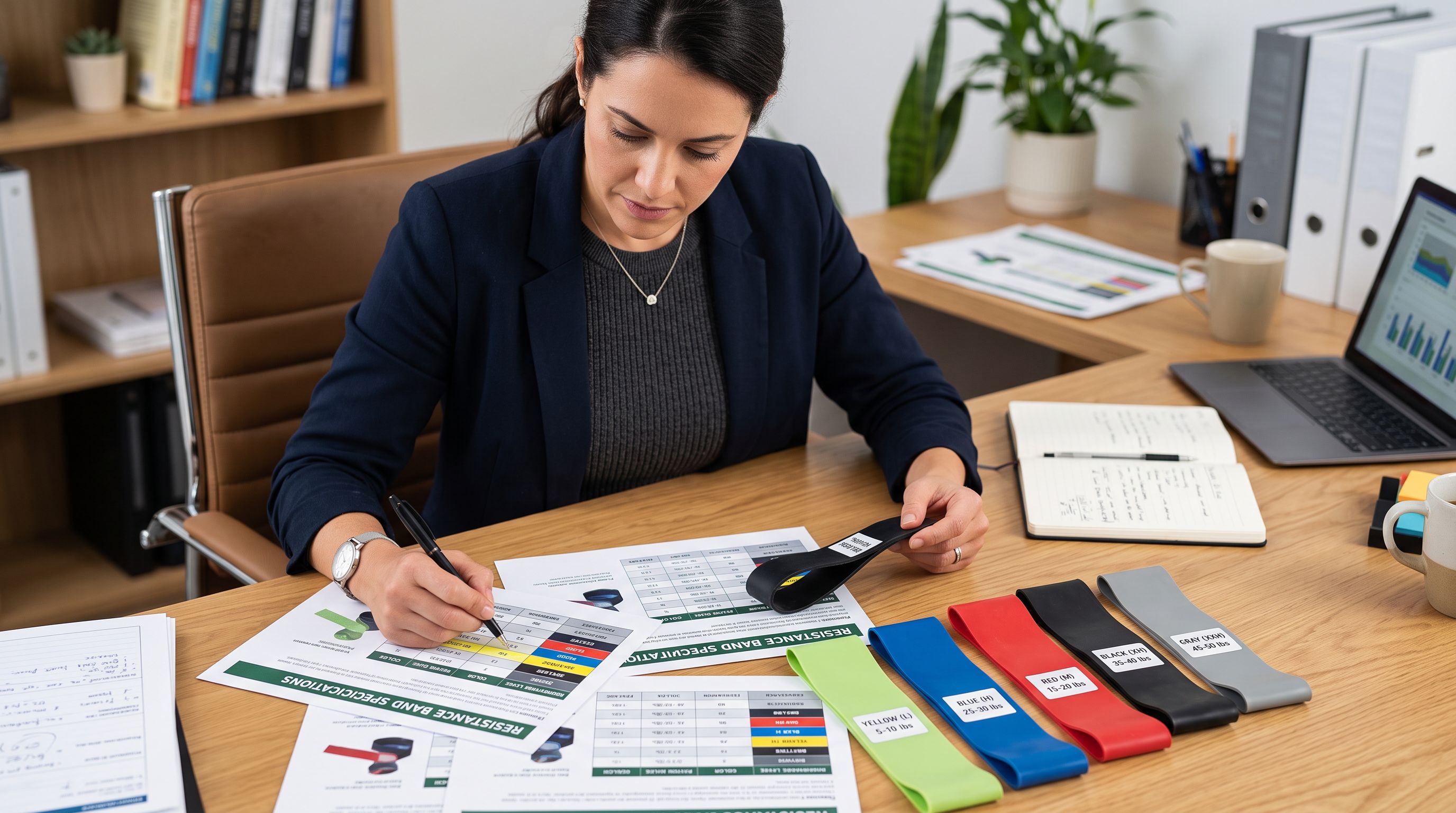 Sports equipment buyer reviewing printed specification sheets for resistance bands arranged on a desk, showing resistance rating labels and weight equivalence figures for a product selection.