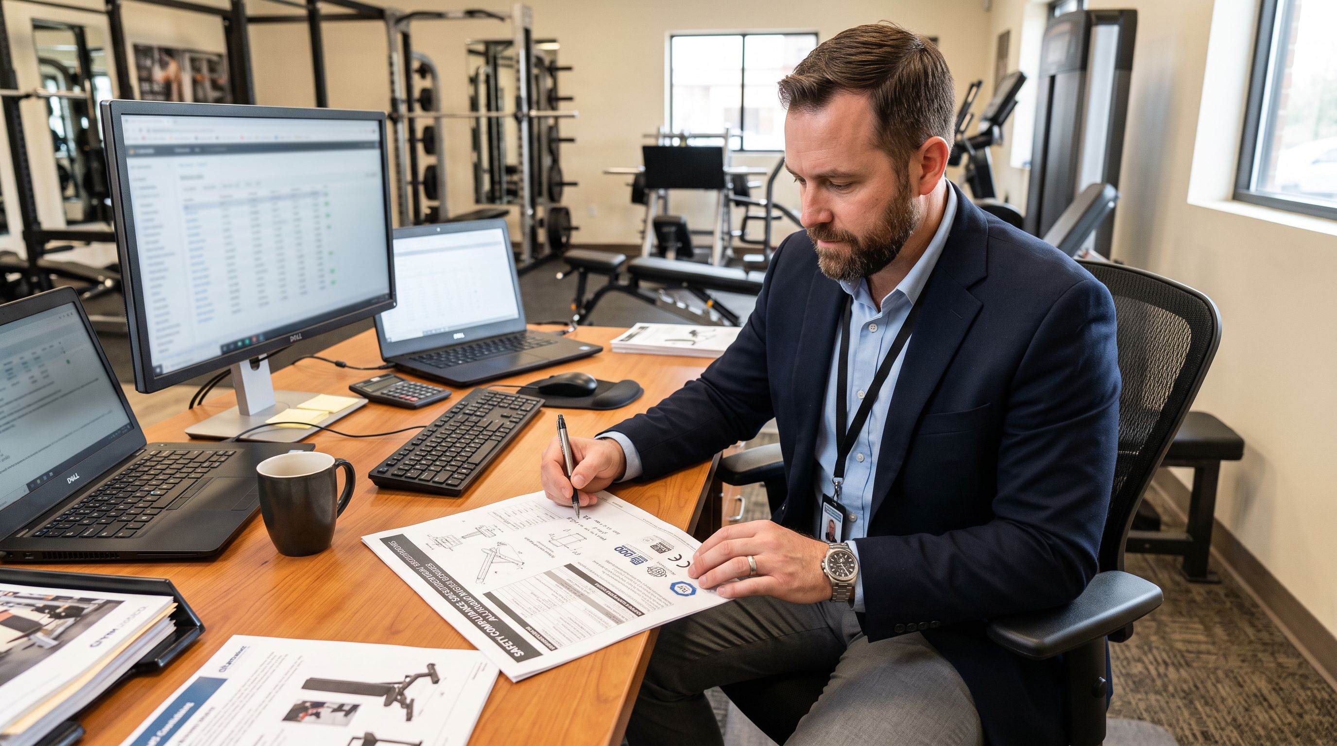 Commercial gym equipment sales representative at a workstation reviewing a printed safety compliance specification sheet for adjustable weight benches showing static and dynamic load ratings.