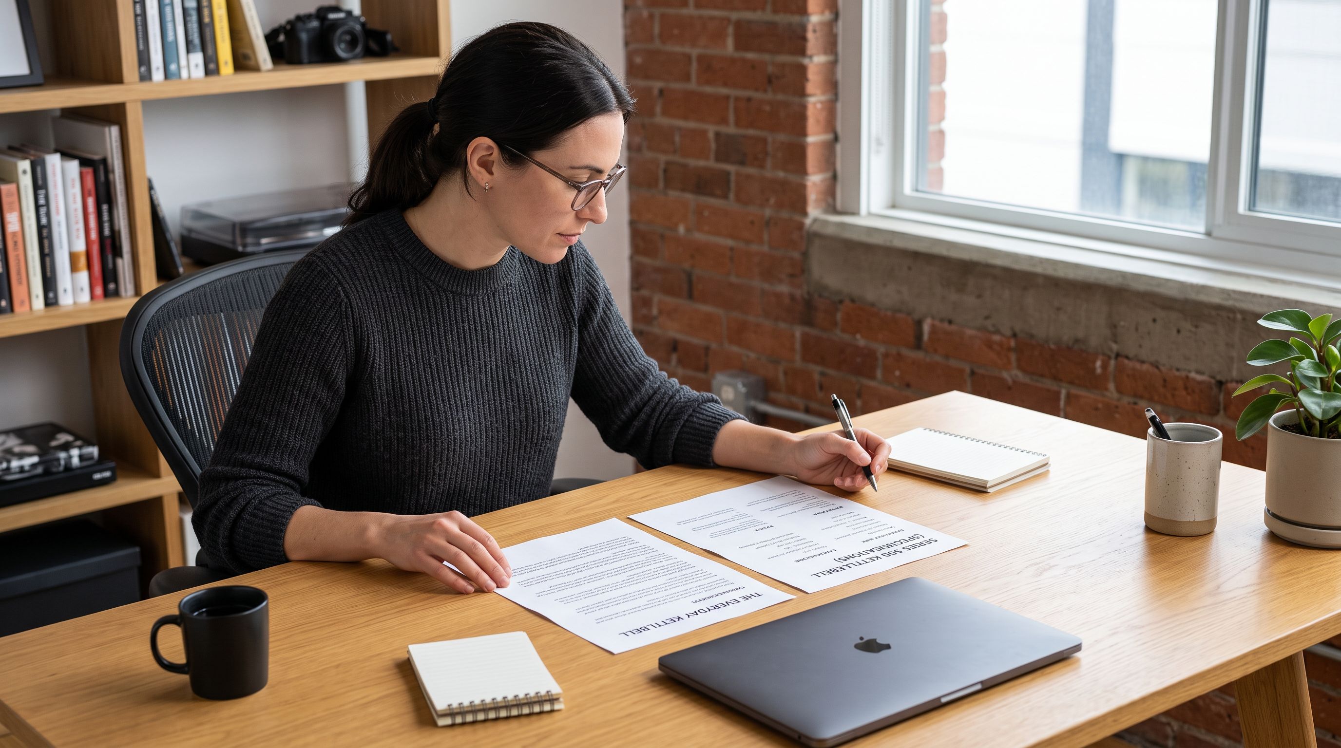 Fitness equipment product copywriter at a desk reviewing two printed product description drafts for a kettlebell, one using benefit-oriented consumer language and the other using specification-first commercial language side by side.