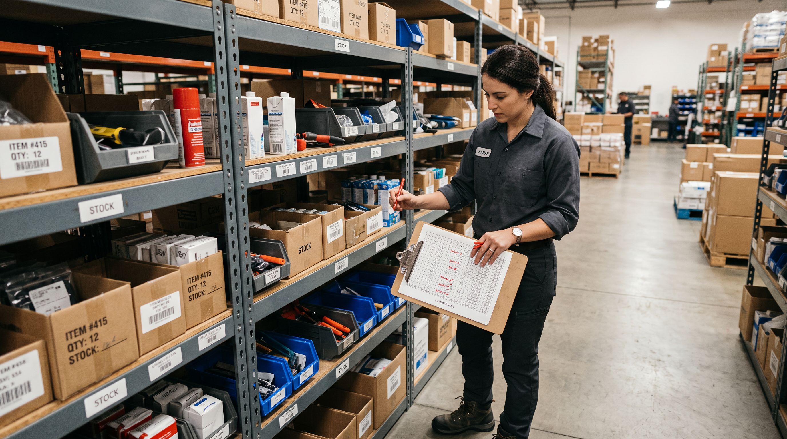 Stockroom worker at a freestanding shelving unit reviewing a printed stock list, marking low-inventory items with a red pen as they scan each row.