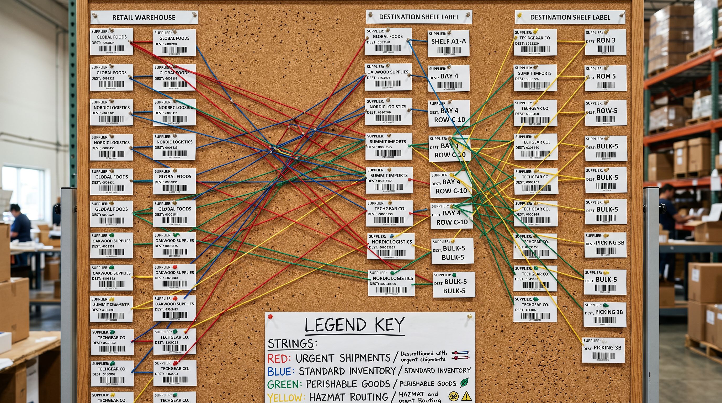Printed warehouse routing chart pinned to a corkboard with coloured string connecting supplier name cards to destination shelf labels, a handwritten key at the bottom.