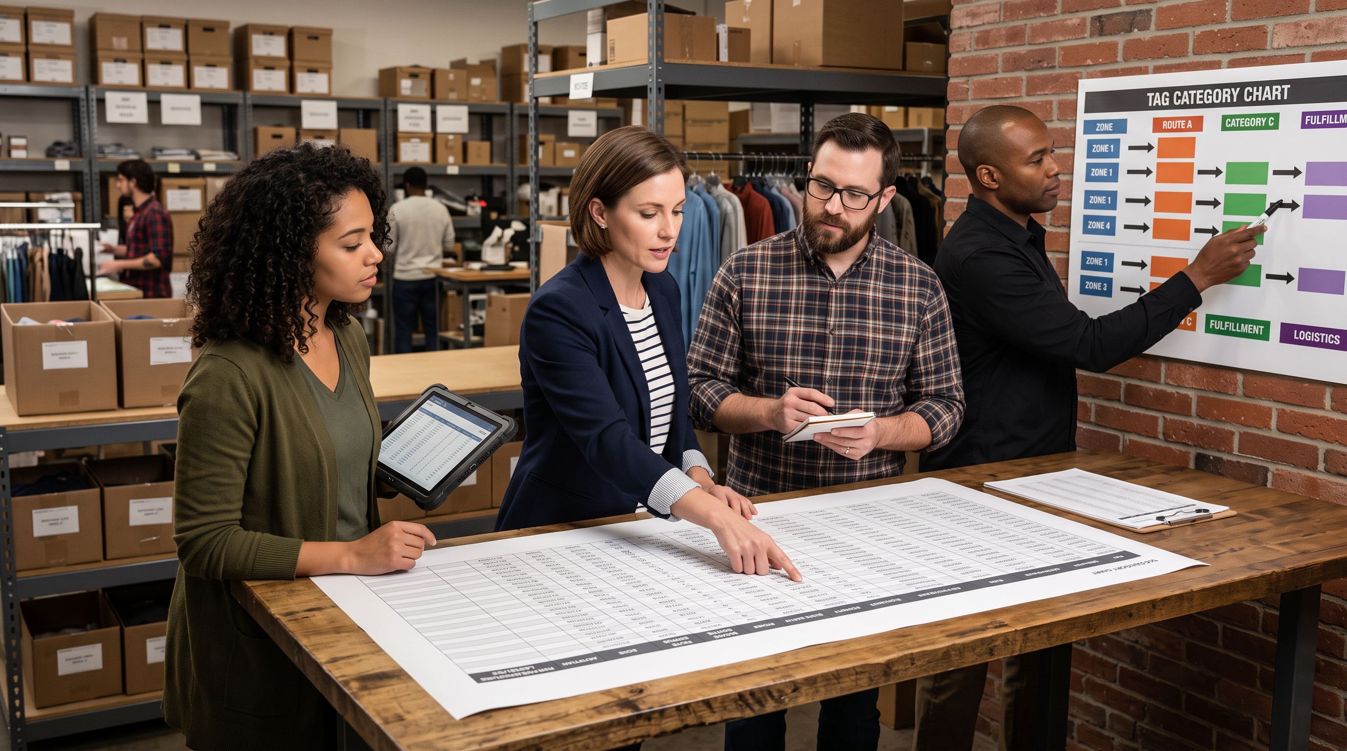 Retail operations team reviewing product routing spreadsheet at a standing-height table, one team member pointing at a printed tag category chart on the wall.