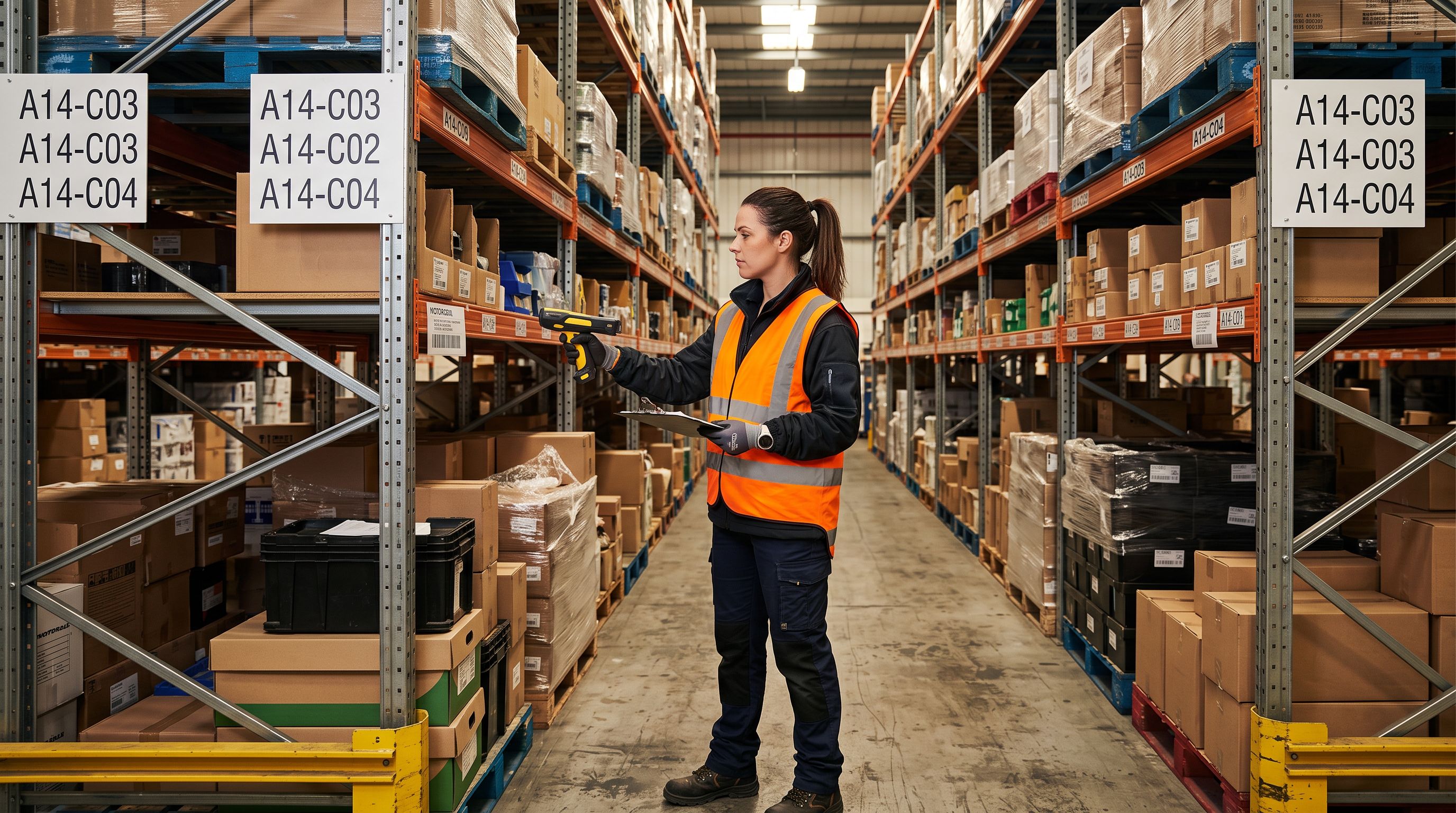 Logistics operations worker using a handheld scanner to scan a shelf label in a warehouse aisle, printed product routing tags visible on each shelving bay.