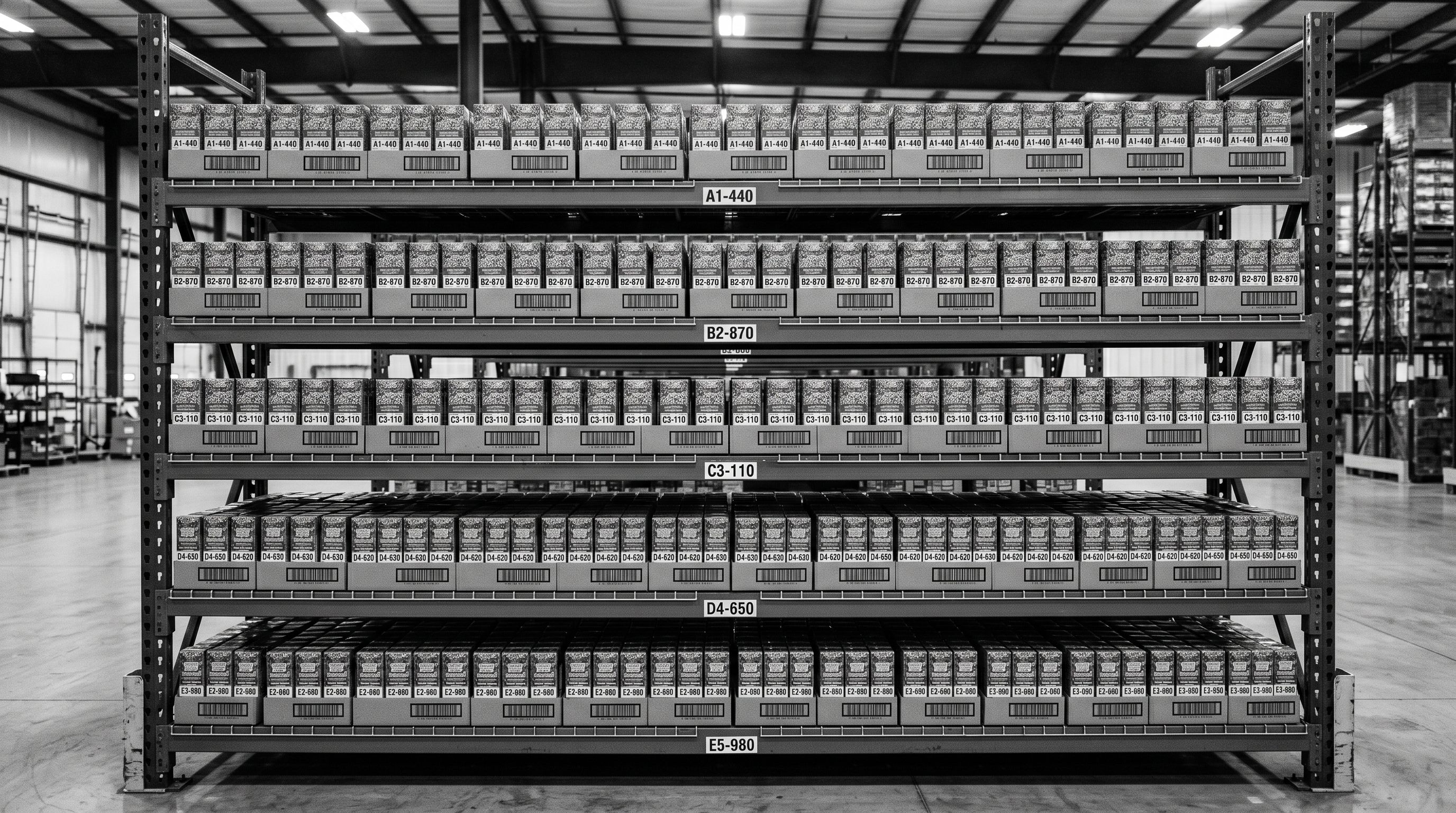 Multiple rows of identical packaged food products stacked on commercial warehouse racking with barcode strips on each face.