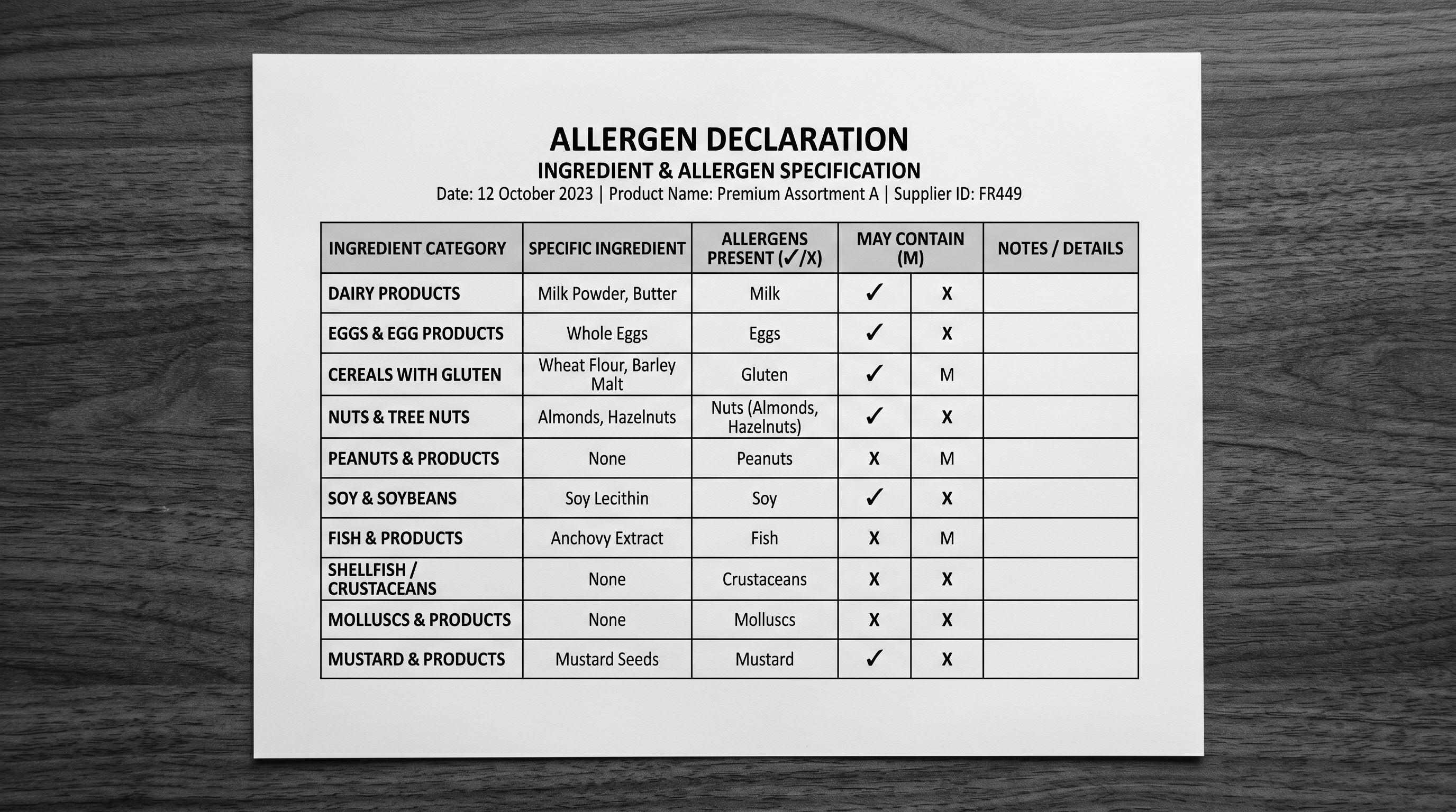 A printed allergen declaration document with a structured table of ingredient categories lying flat on a desk.