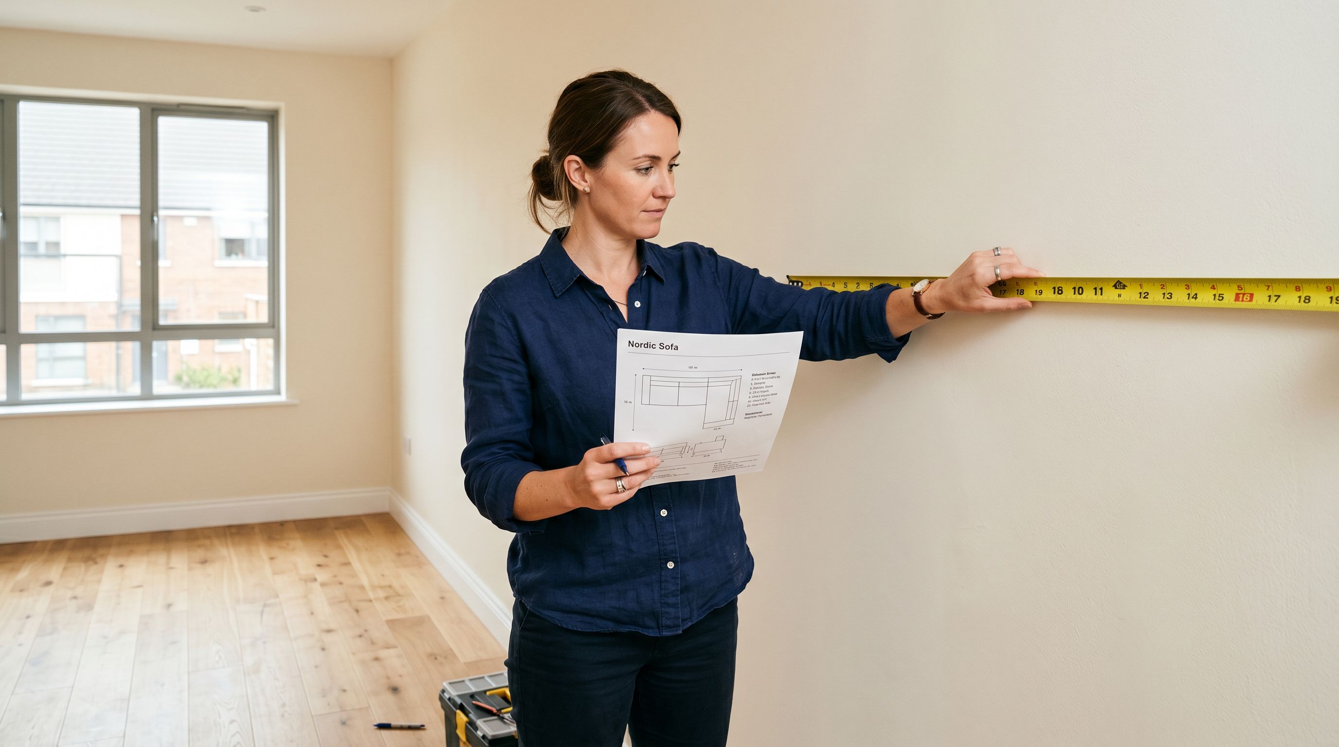 Person holding a measuring tape against a cream wall in an unfurnished living room, checking room dimensions with a furniture specification sheet.