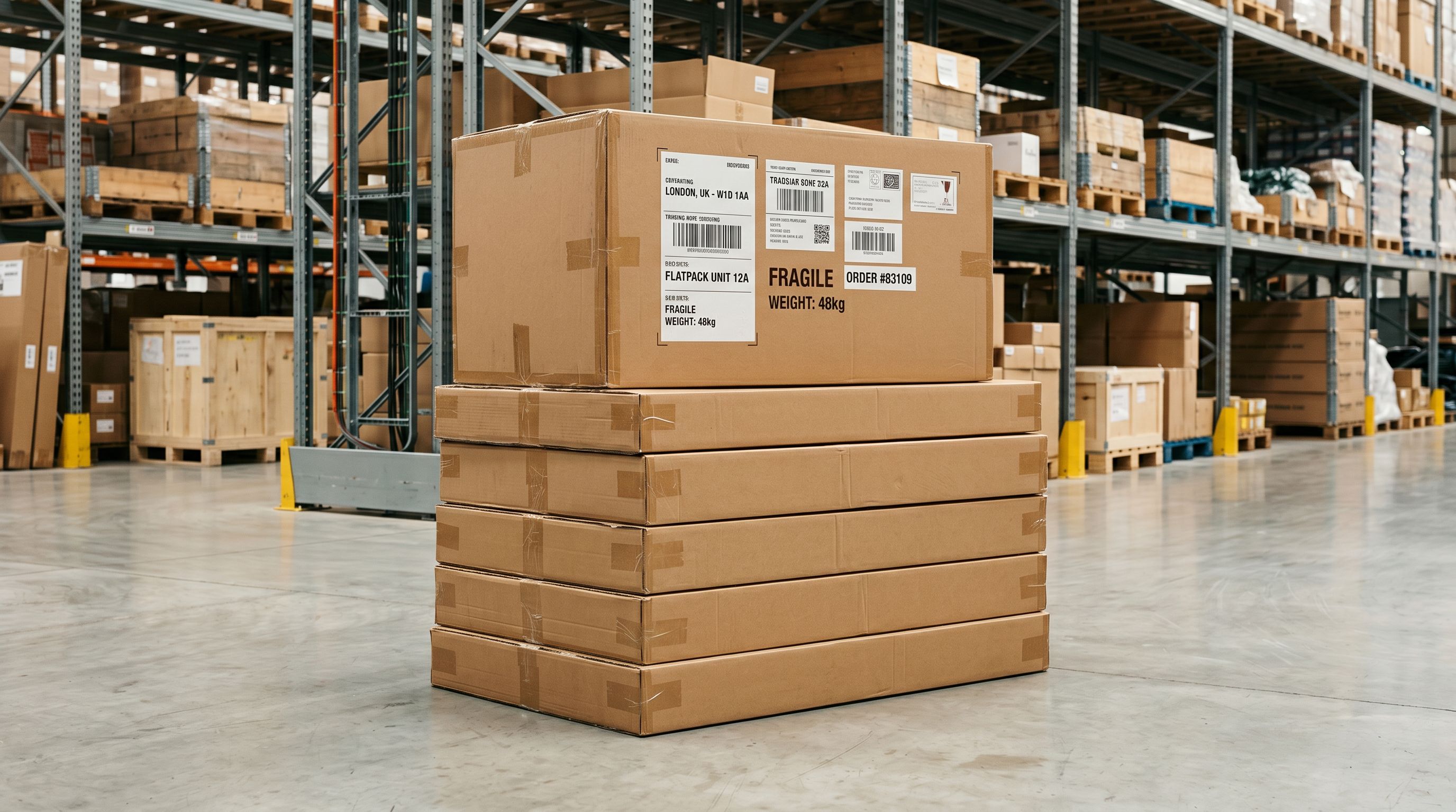 Large flatpack furniture boxes stacked on a warehouse floor with shipping labels attached to the top box and metal shelving in the background.