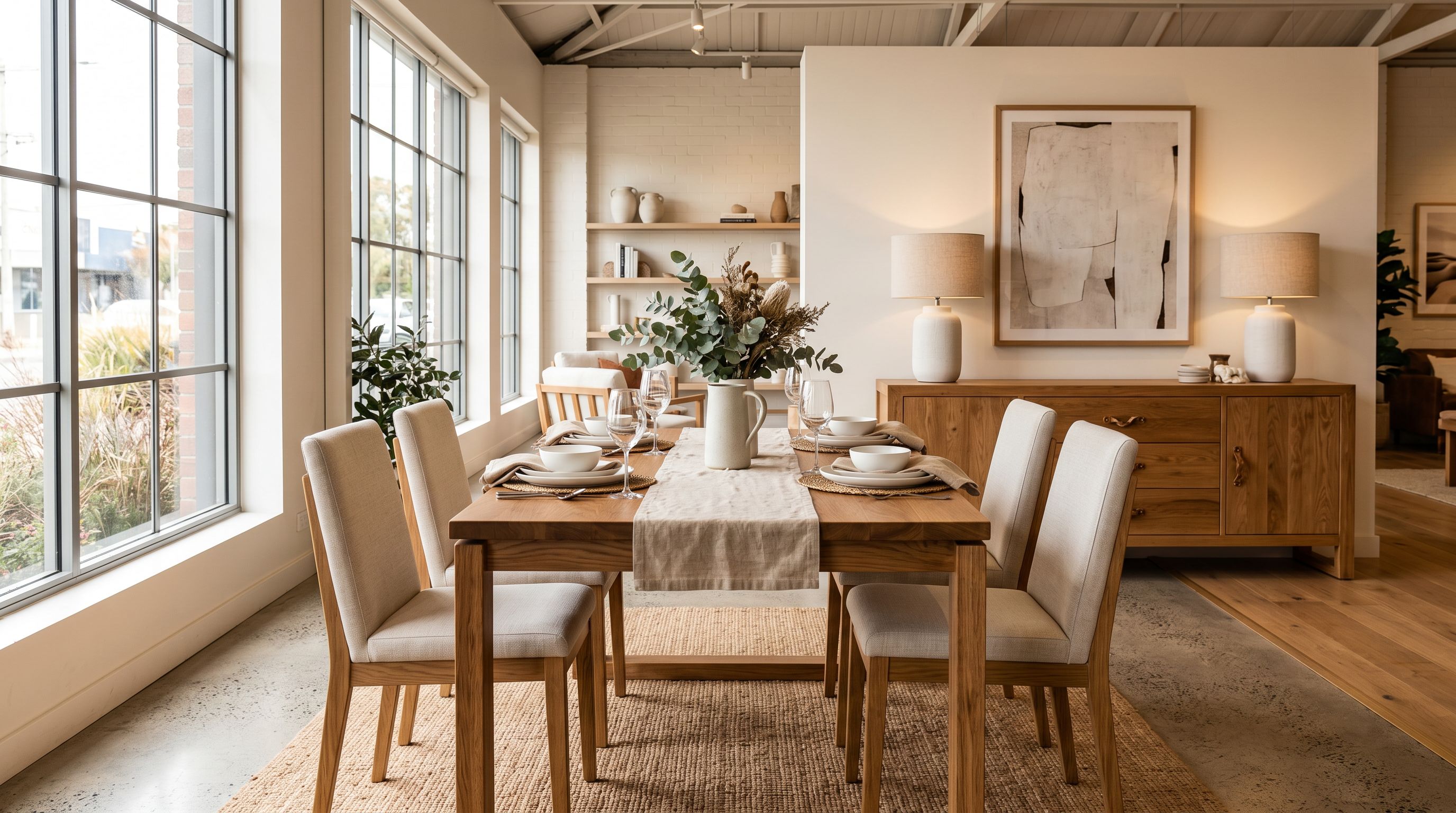 Furniture showroom with a solid timber dining table set for four, upholstered chairs, and a timber sideboard in a light-filled retail space.