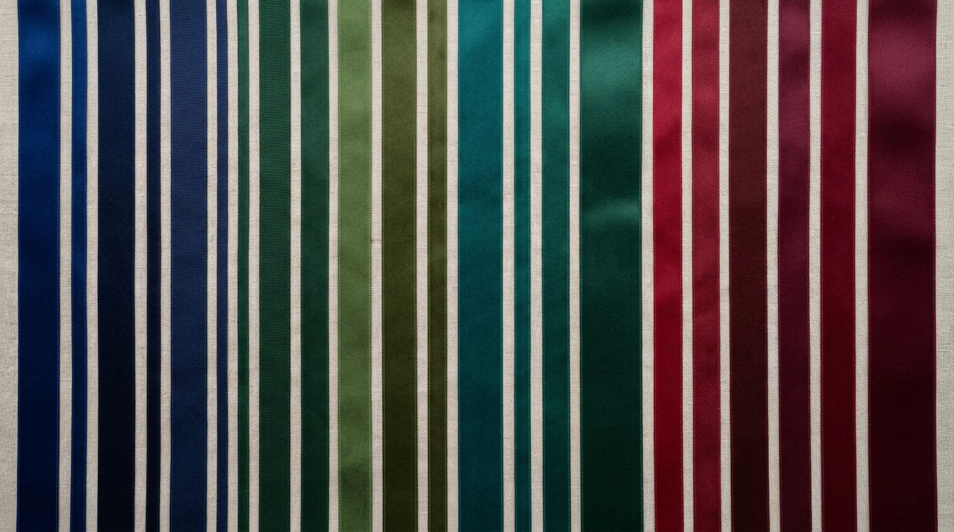 Rows of silk ribbons in different widths sorted by colour across a smooth neutral surface, from deep navy through burgundy to sage green, each ribbon precisely parallel.